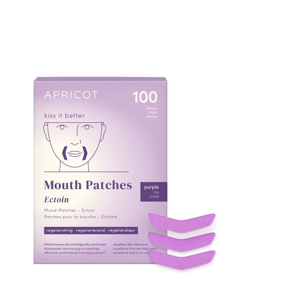 APRICOT Mund Patches mit Ectoin. Lila Verpackung mit 100 Patches. Drei lila Patches liegen daneben.