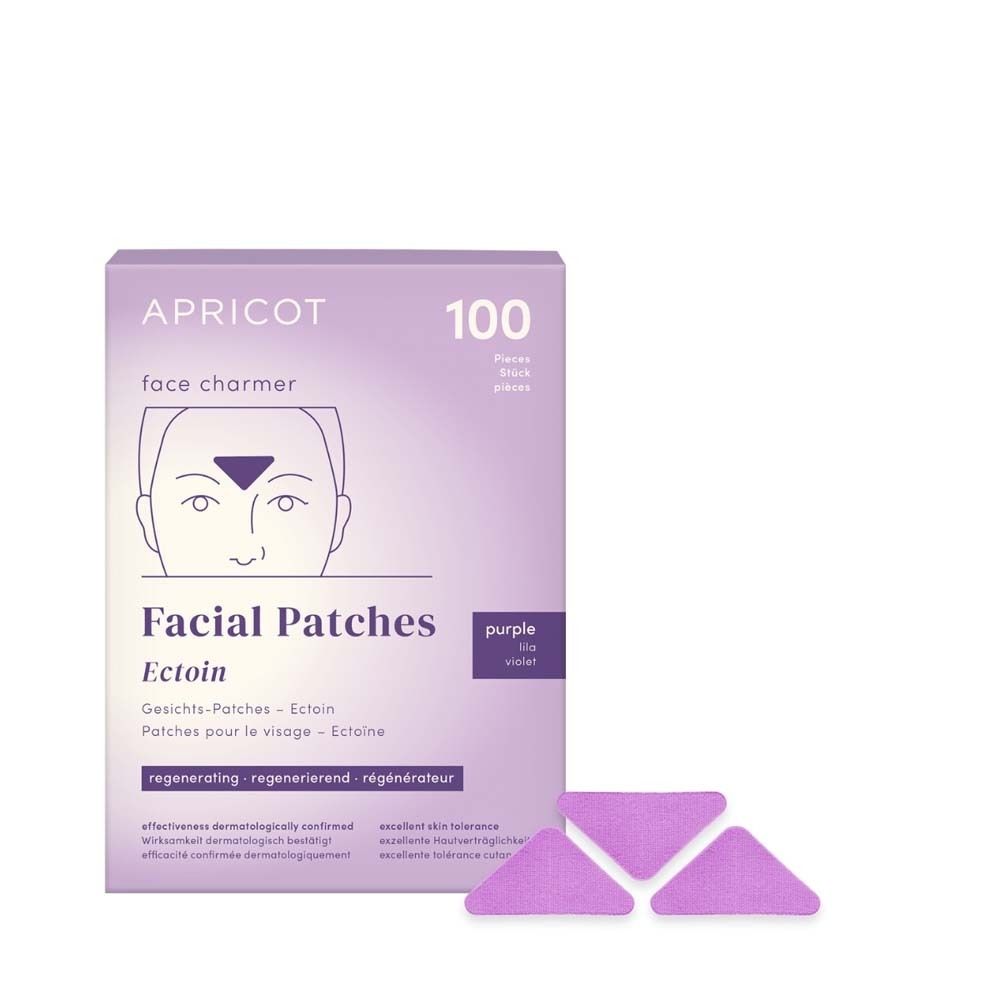 Packung mit 100 lila APRICOT Facial Patches mit Ectoin. Dreieckige Patches und Produktname.