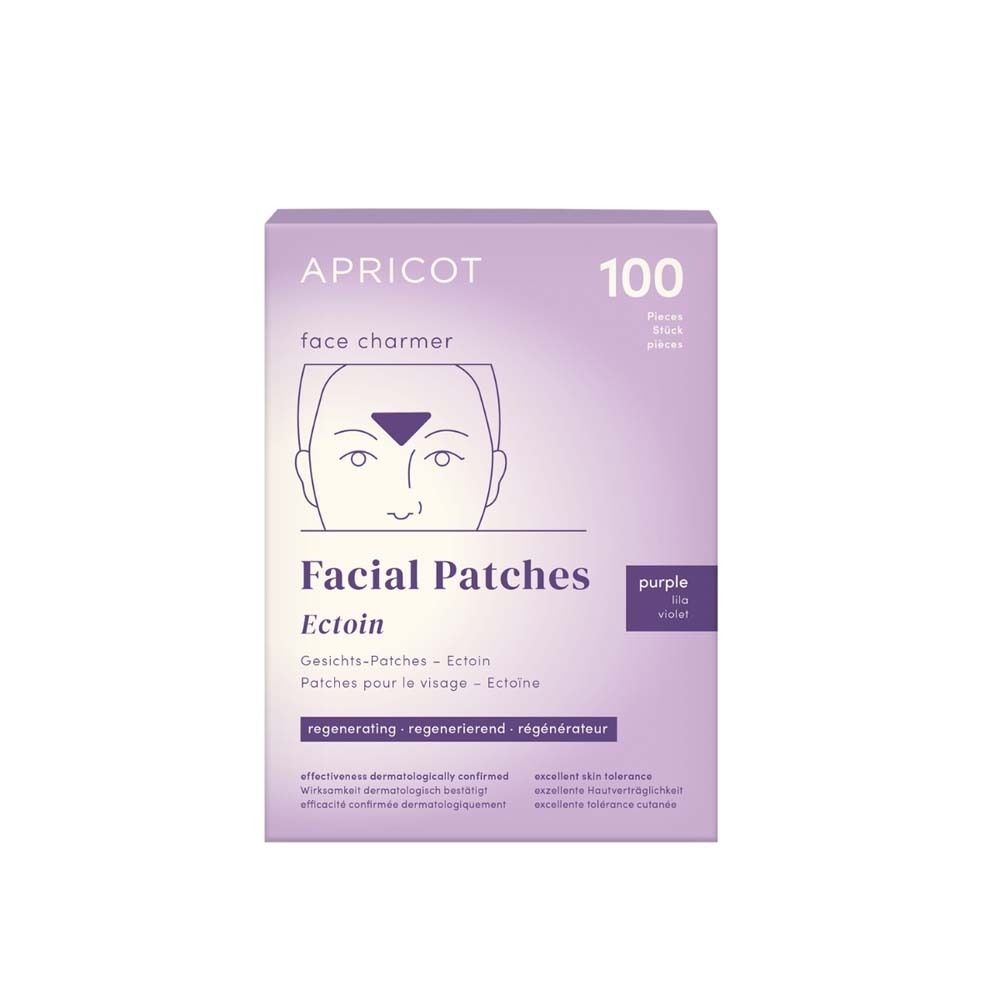 Packung mit 100 APRICOT Facial Patches mit Ectoin. Lila Verpackung mit Produktnamen und Beschreibung.