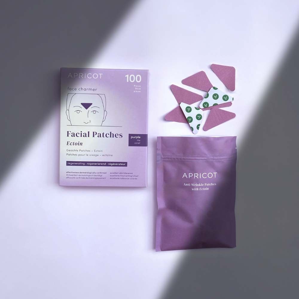 APRICOT Facial Patches mit Ectoin. Packung, Beutel und Patches. Lila Verpackung.
