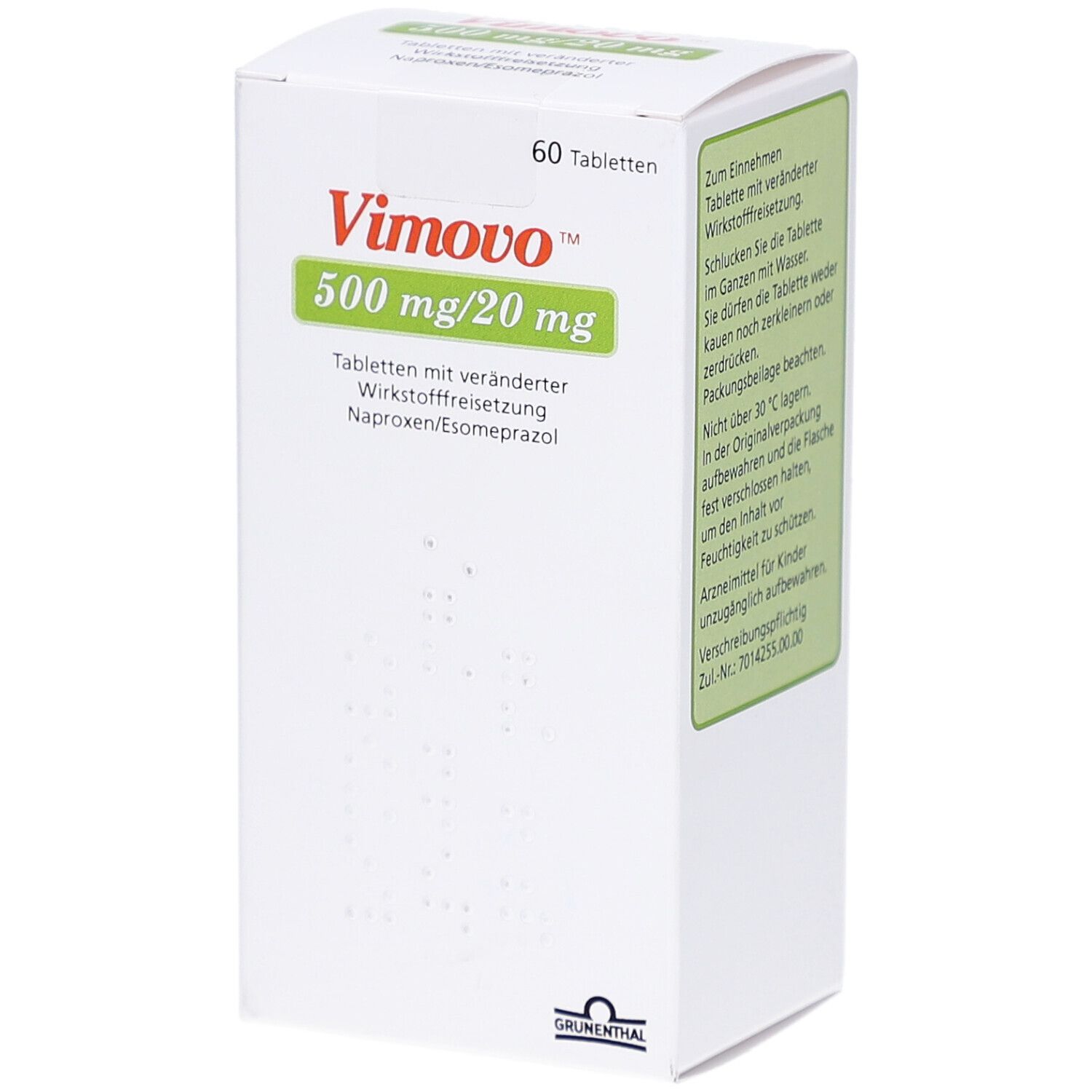 Vimovo 500 mg/20 mg Tabletten-Packung. Enthält 60 Tabletten. Aufdruck: Name, Dosierung, Wirkstofffreisetzung.
