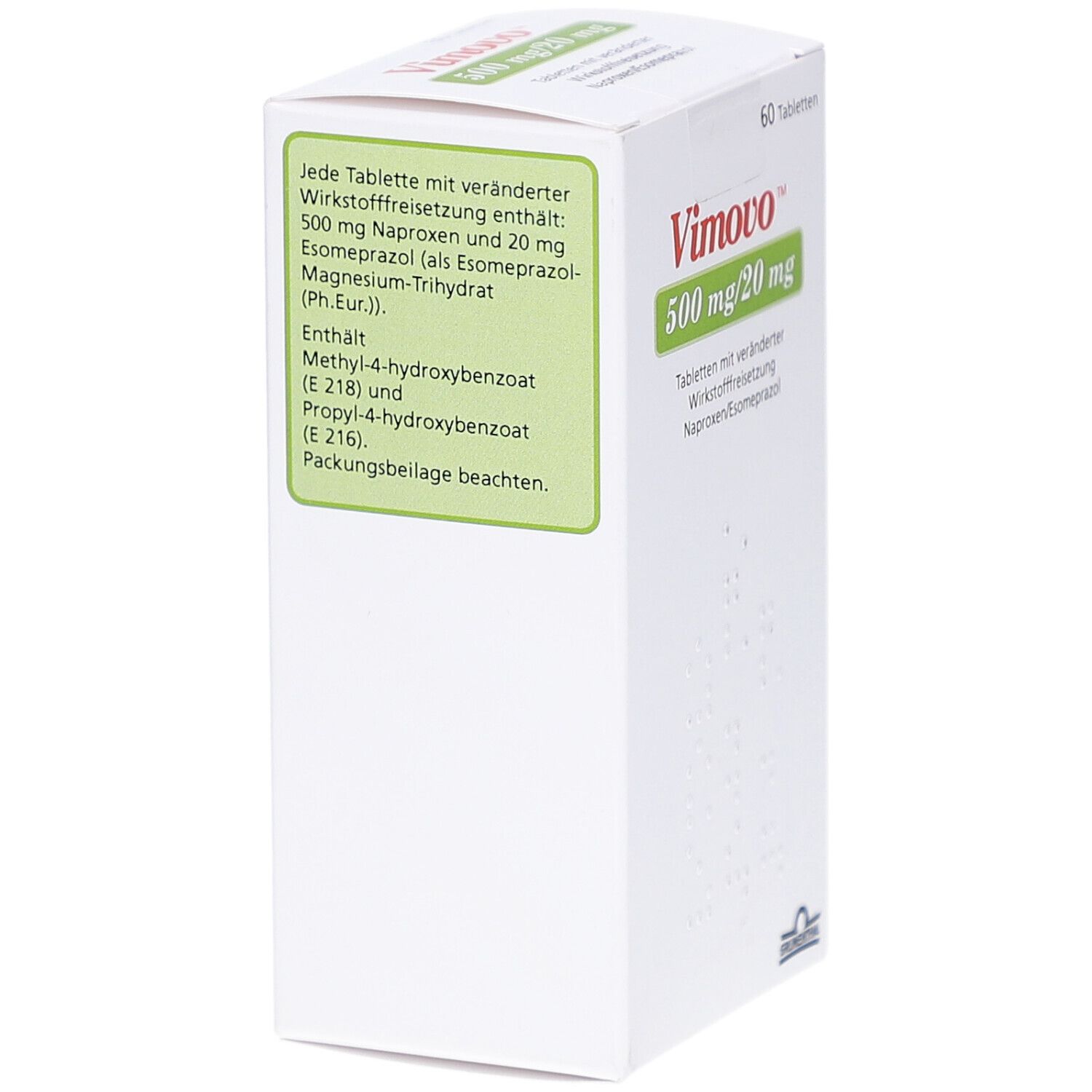 Vimovo-Packung. Text: Zusammensetzung, Inhaltsstoffe, Dosierung. Hersteller: Grünenthal. Aufdruck: Name, Dosierung, Wirkstofffreisetzung.