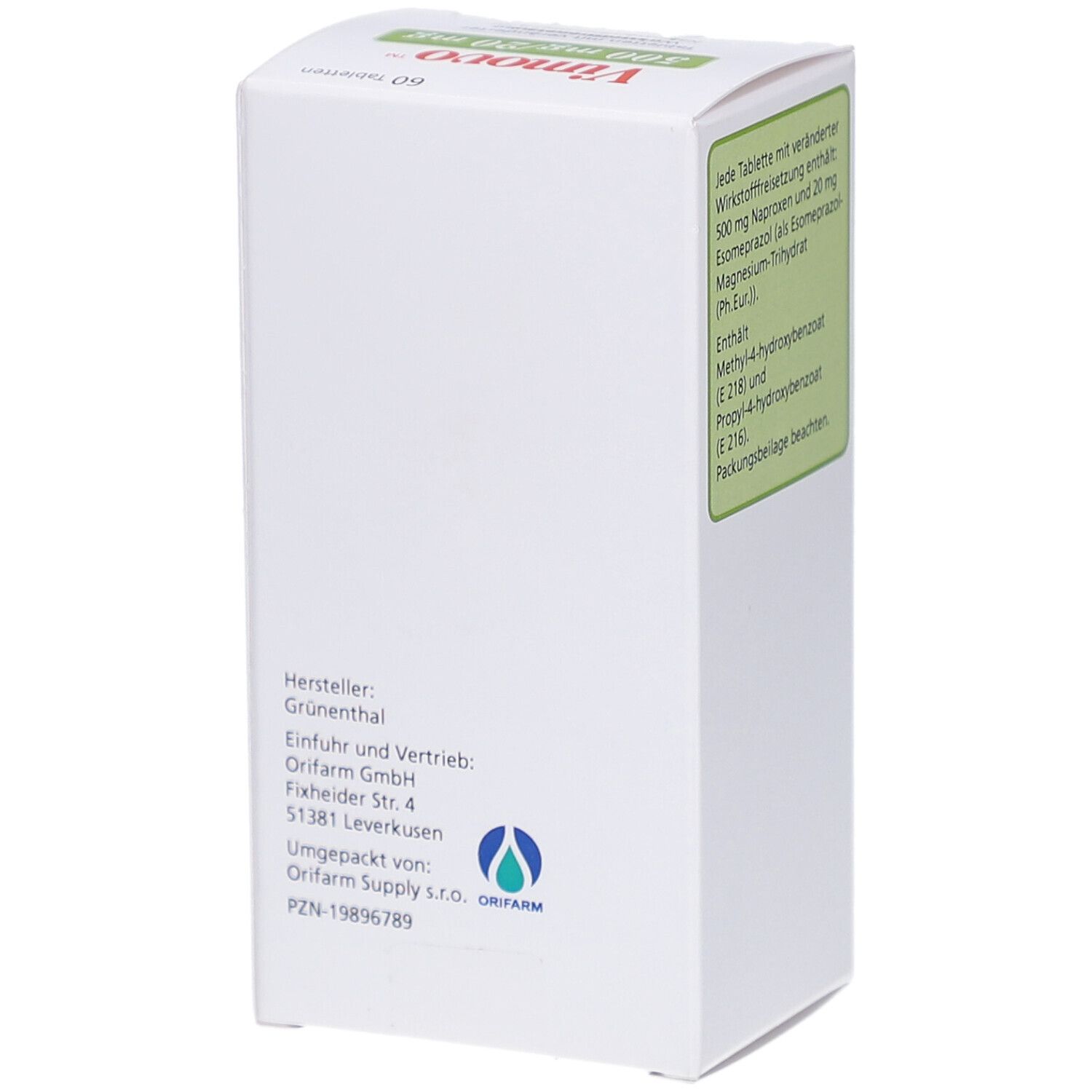 Vimovo-Packung. Text: Hersteller, Importeur, Vertrieb, Umgepackt von. Logo: Orifarm. PZN-19896789.