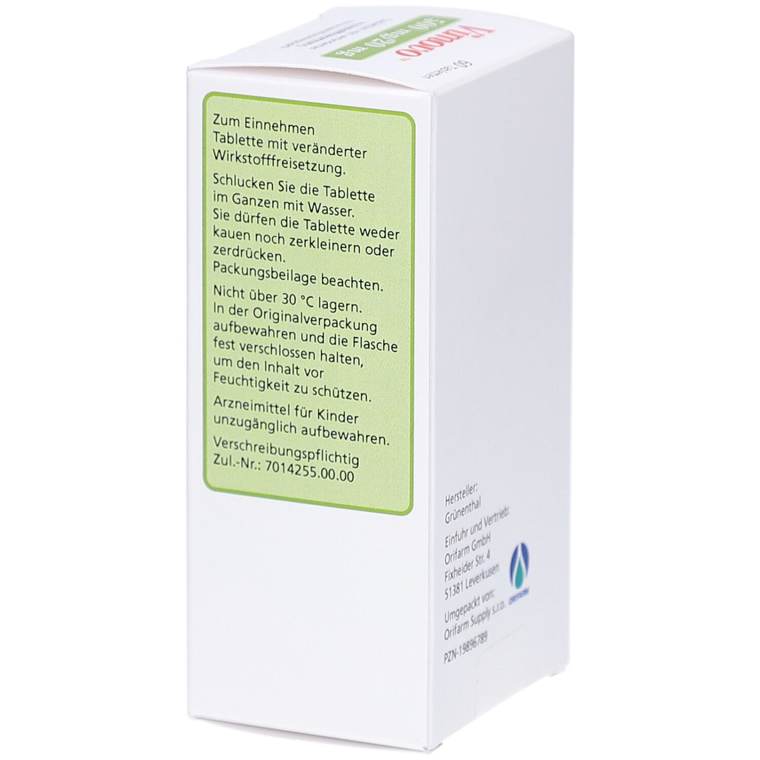 Vimovo-Packung. Text: Anwendungshinweise, Lagerung, Vorsichtsmaßnahmen. Zul.-Nr.: 7014255.00.00. Hersteller: Grünenthal.