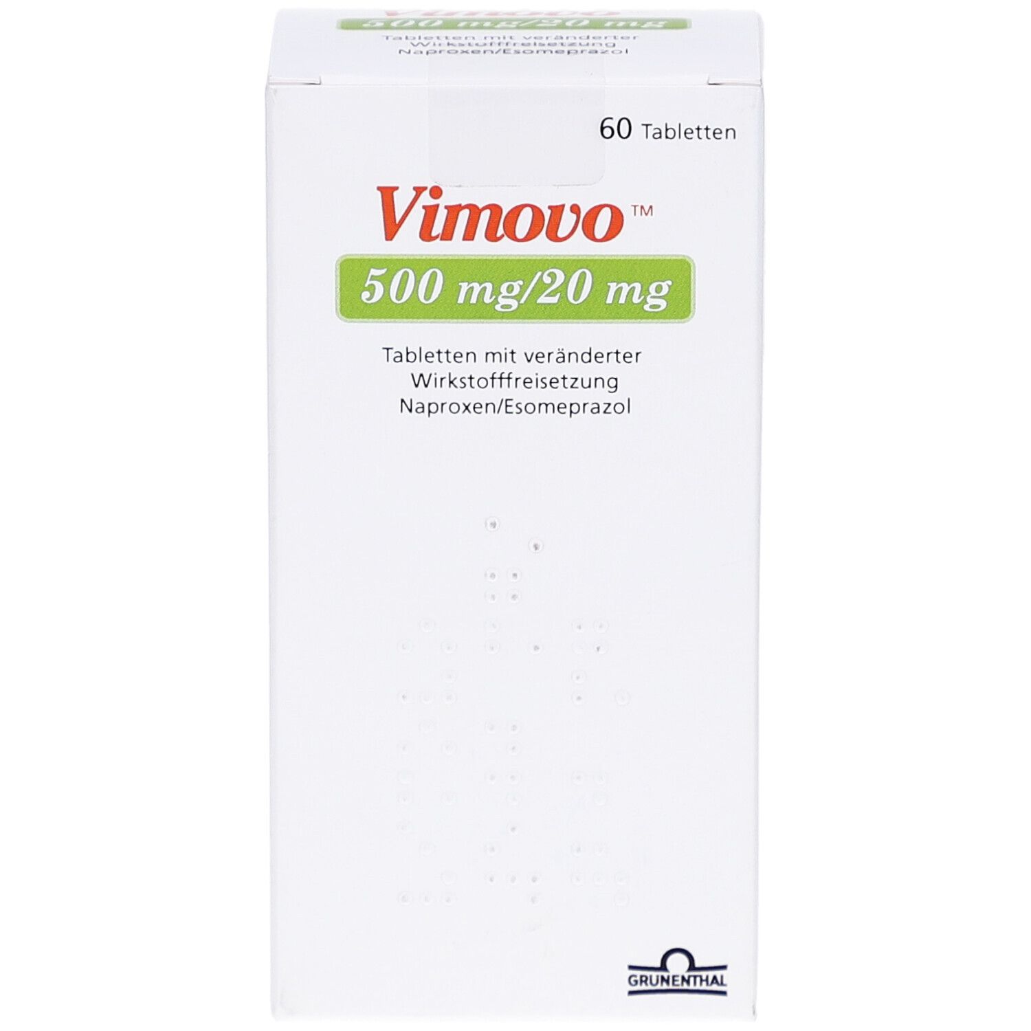Vimovo 500 mg/20 mg Tabletten-Packung. Enthält 60 Tabletten. Aufdruck: Name, Dosierung, Wirkstofffreisetzung.