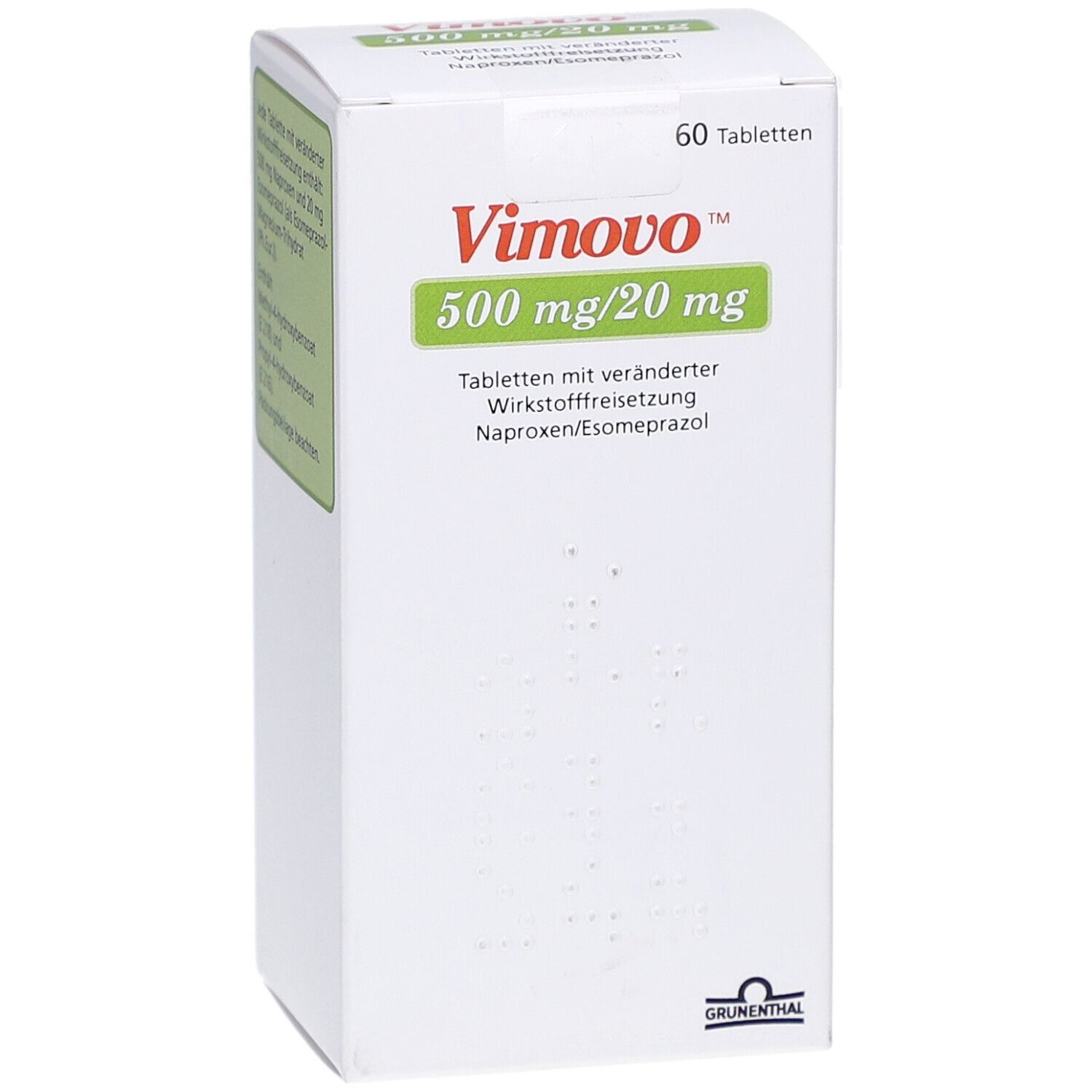 Vimovo 500 mg/20 mg Tabletten-Packung. Enthält 60 Tabletten. Aufdruck: Name, Dosierung, Wirkstofffreisetzung.