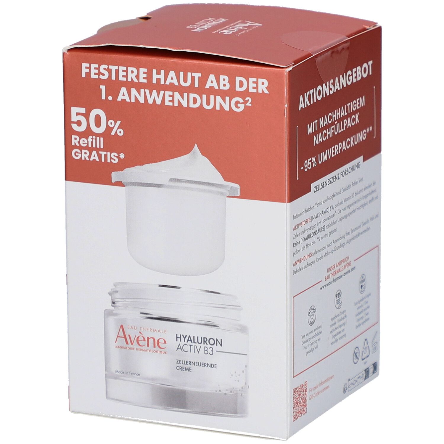 Verpackung mit AVENE Hyaluron Activ B3 Creme und Nachfüllpack. Text: Festere Haut ab der 1. Anwendung. Produktabbildung.