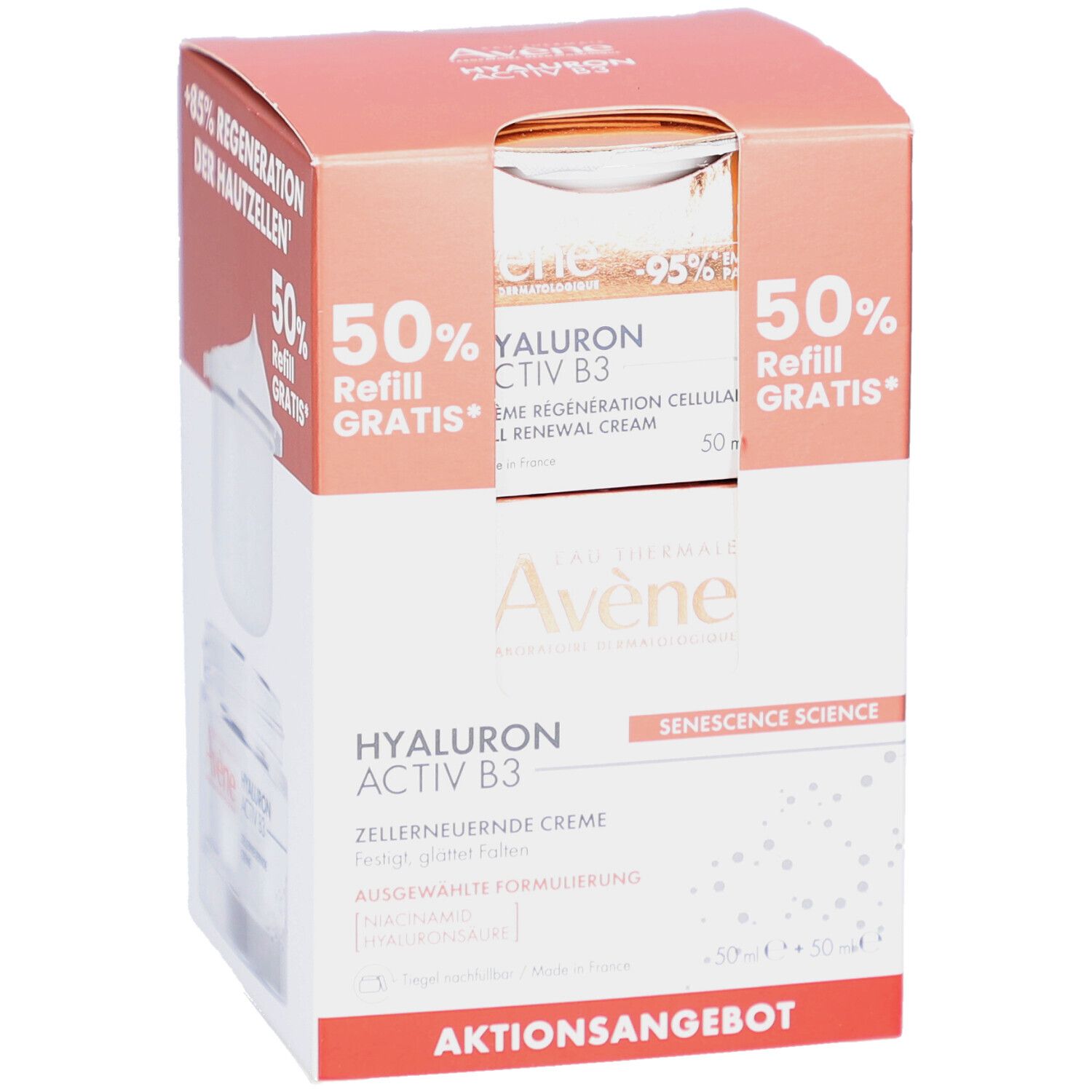 Verpackung mit AVENE Hyaluron Activ B3 Creme und Nachfüllpack. Text: 50% Refill gratis. Produktabbildung und Text.