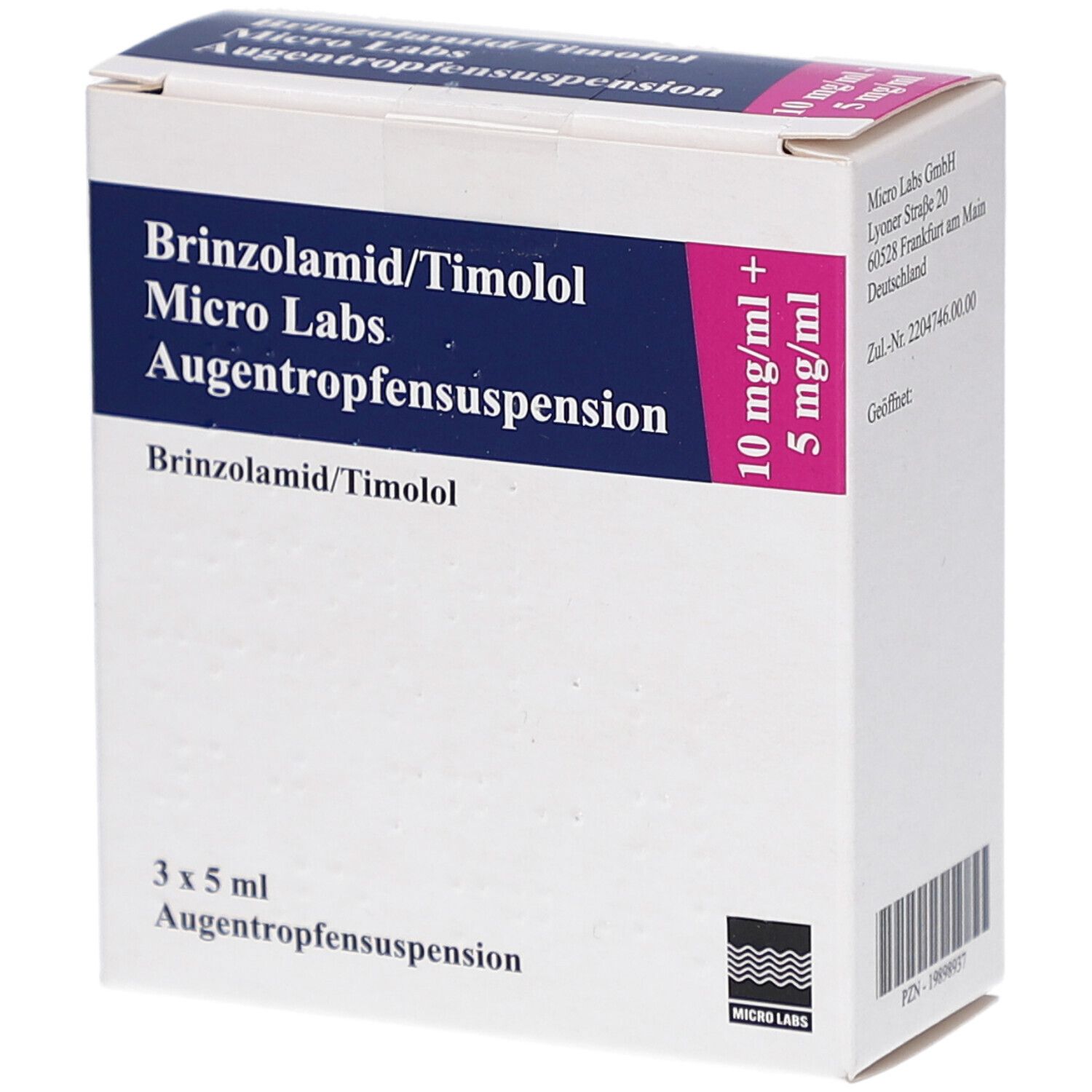 Weiße Faltschachtel mit blauer und pinkfarbener Beschriftung. Enthält Augentropfensuspension. Aufdruck: Brinzolamid/Timolol Micro Labs.
