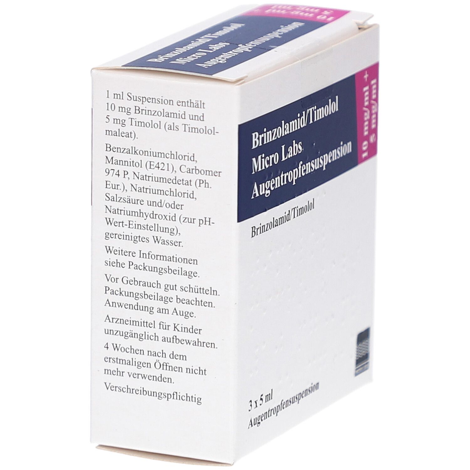 Weiße Faltschachtel mit Text. Enthält Informationen zur Augentropfensuspension. Aufdruck: Brinzolamid/Timolol Micro Labs.