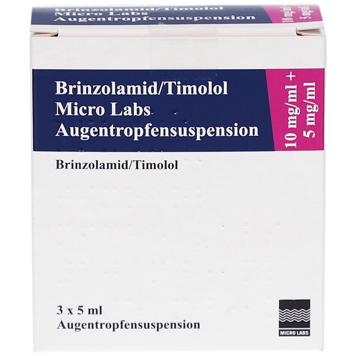 Weiße Faltschachtel mit blauer und pinkfarbener Beschriftung. Enthält Augentropfensuspension. Aufdruck: Brinzolamid/Timolol Micro Labs.