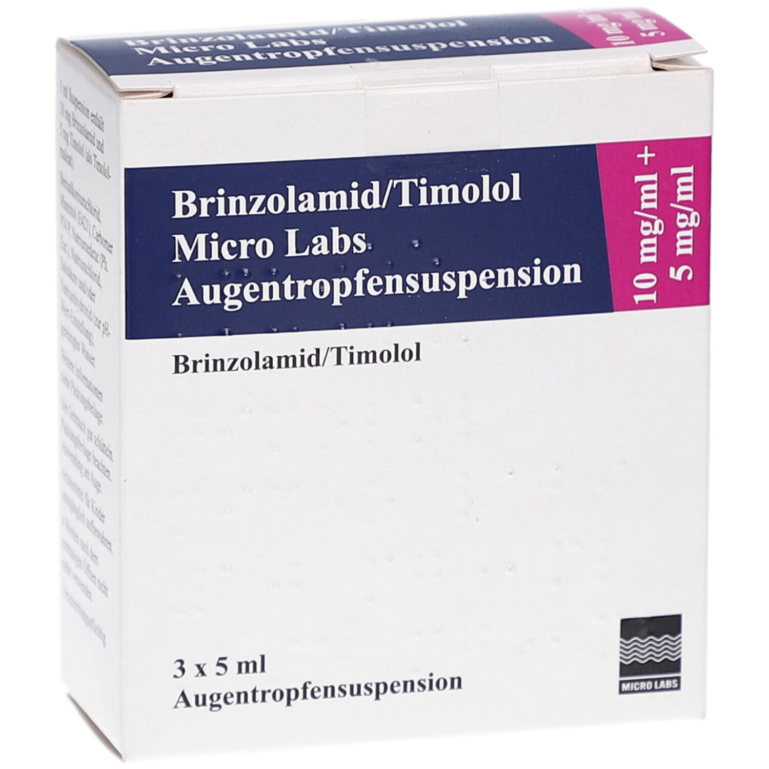 Weiße Faltschachtel mit blauer und pinkfarbener Beschriftung. Enthält Augentropfensuspension. Aufdruck: Brinzolamid/Timolol Micro Labs.