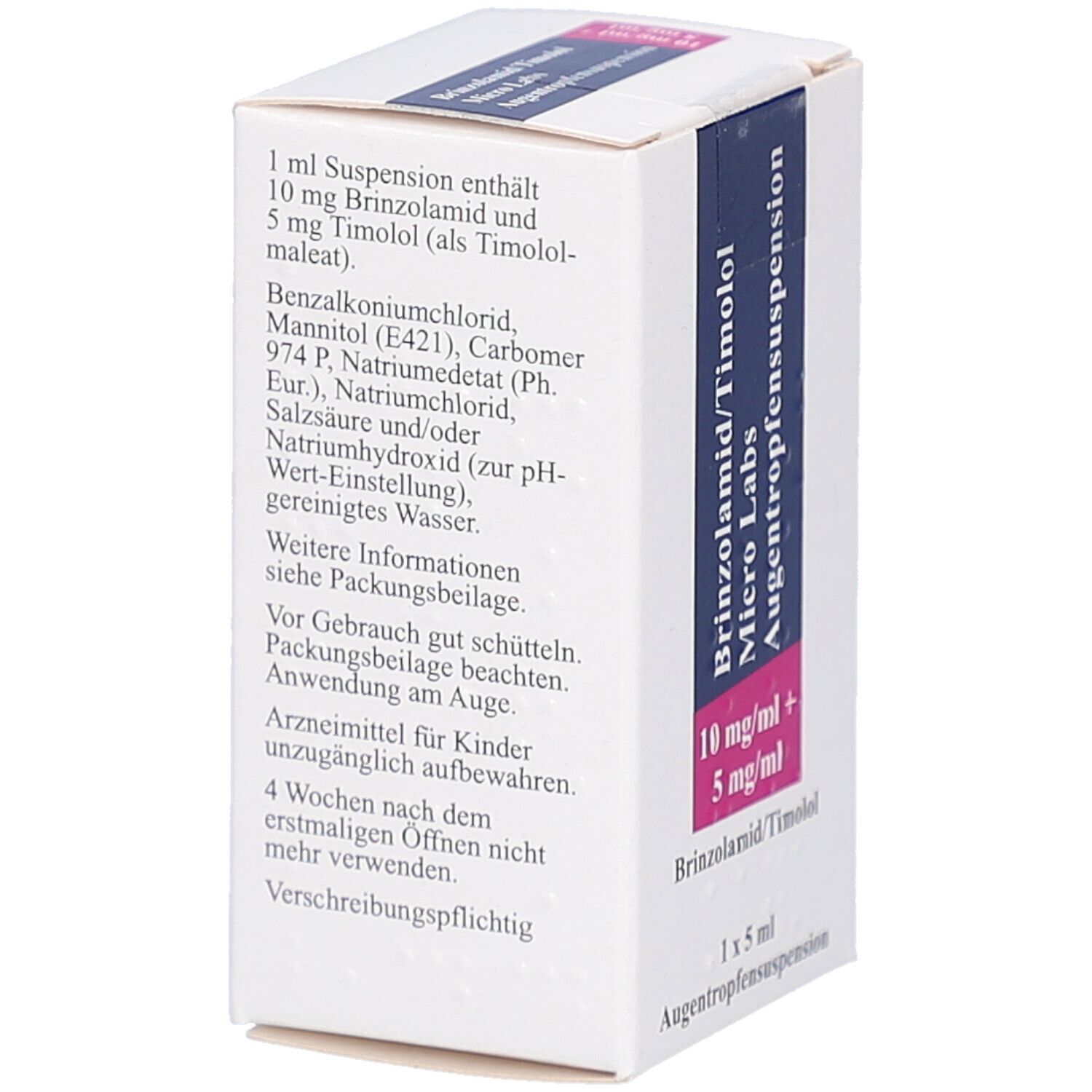 Rückseite der weißen Faltschachtel mit Inhaltsangaben und Gebrauchshinweisen. Enthält 10 mg Brinzolamid und 5 mg Timolol.