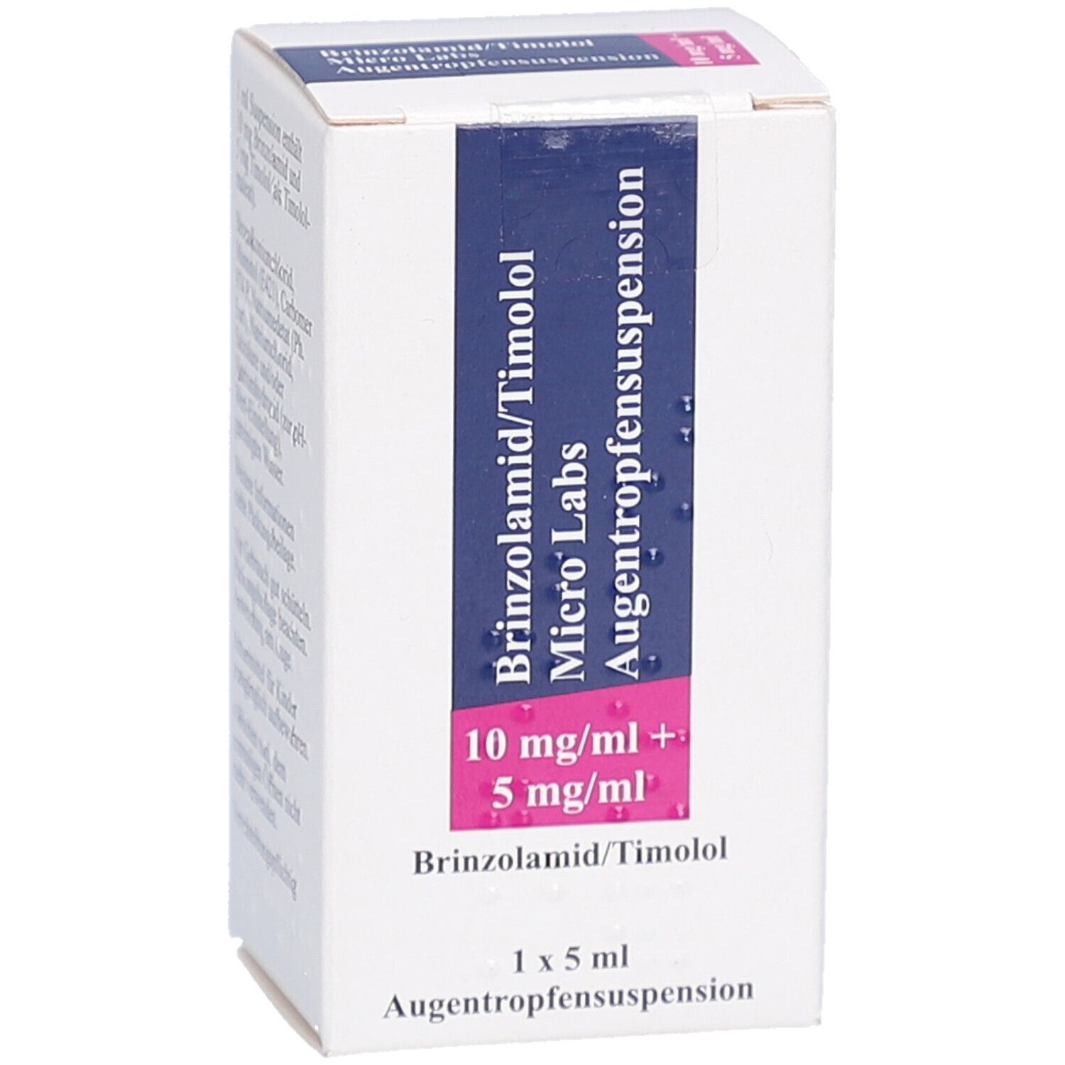 Weiße Faltschachtel mit blauer und pinkfarbener Beschriftung. Enthält Augentropfensuspension. Aufdruck: 10 mg/ml + 5 mg/ml.