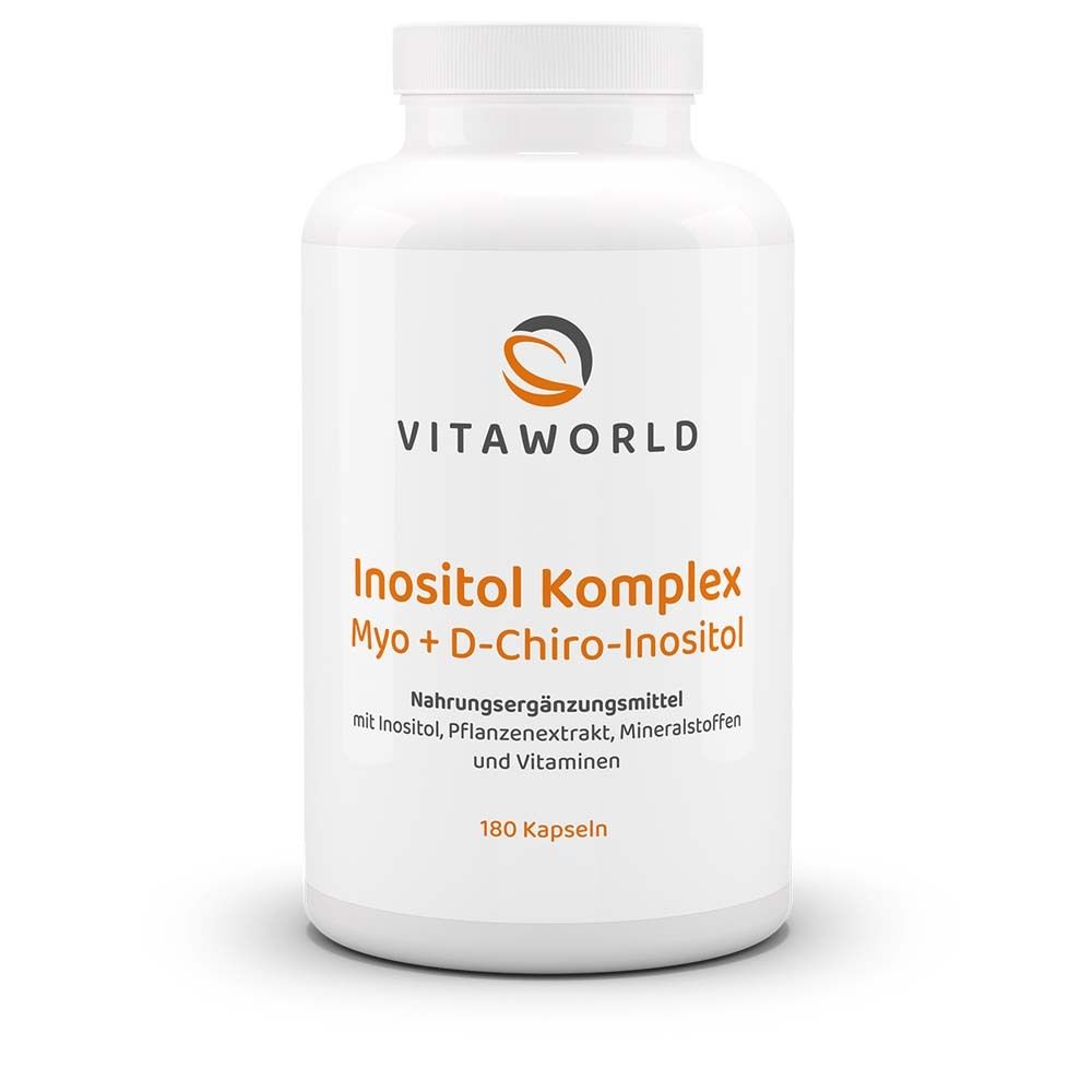 Weiße Flasche mit VitaWorld Inositol Komplex. Orangefarbener Aufdruck. 180 Kapseln. Nahrungsergänzungsmittel.