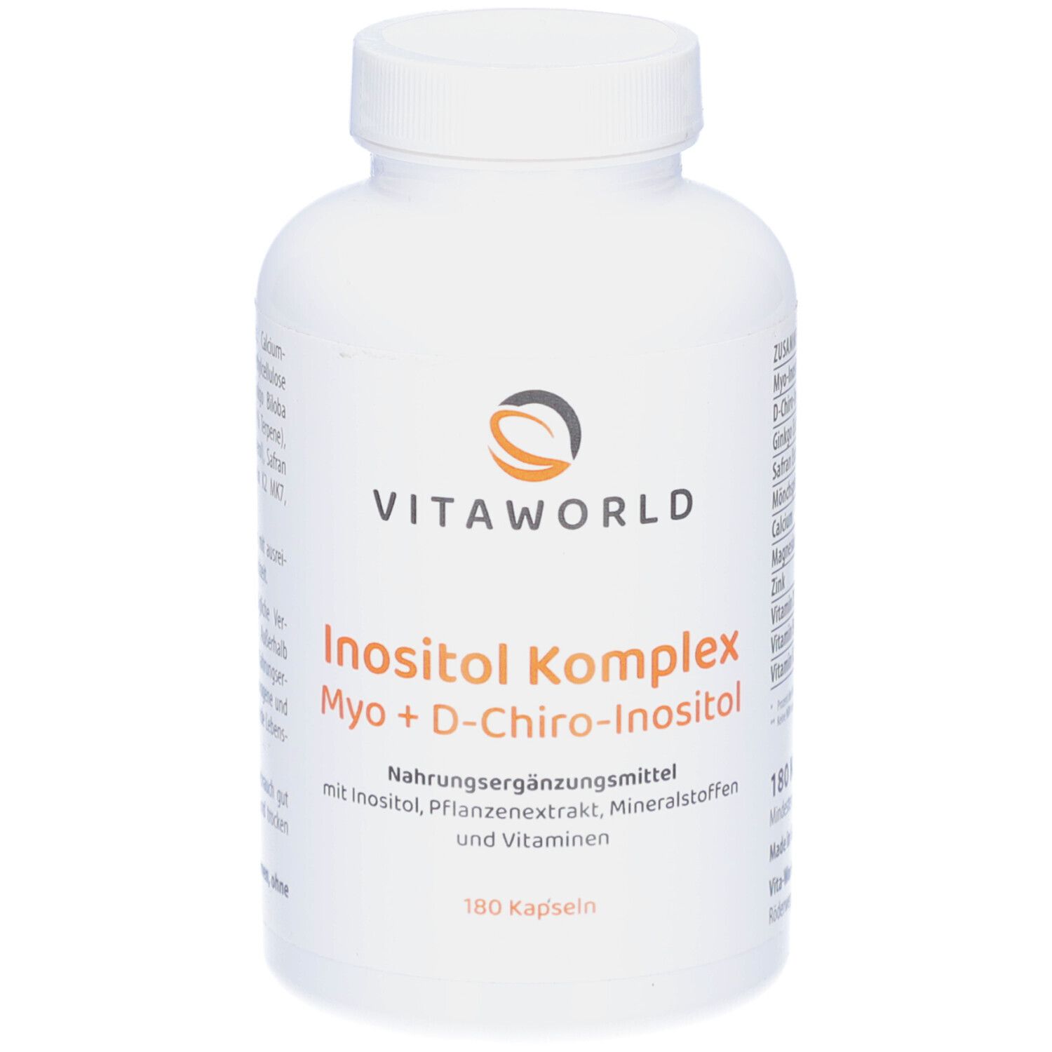 Weiße Flasche mit Schraubverschluss. Aufschrift: VITAWORLD, Inositol Komplex, Myo+D-Chiro-Inositol. 180 Kapseln.