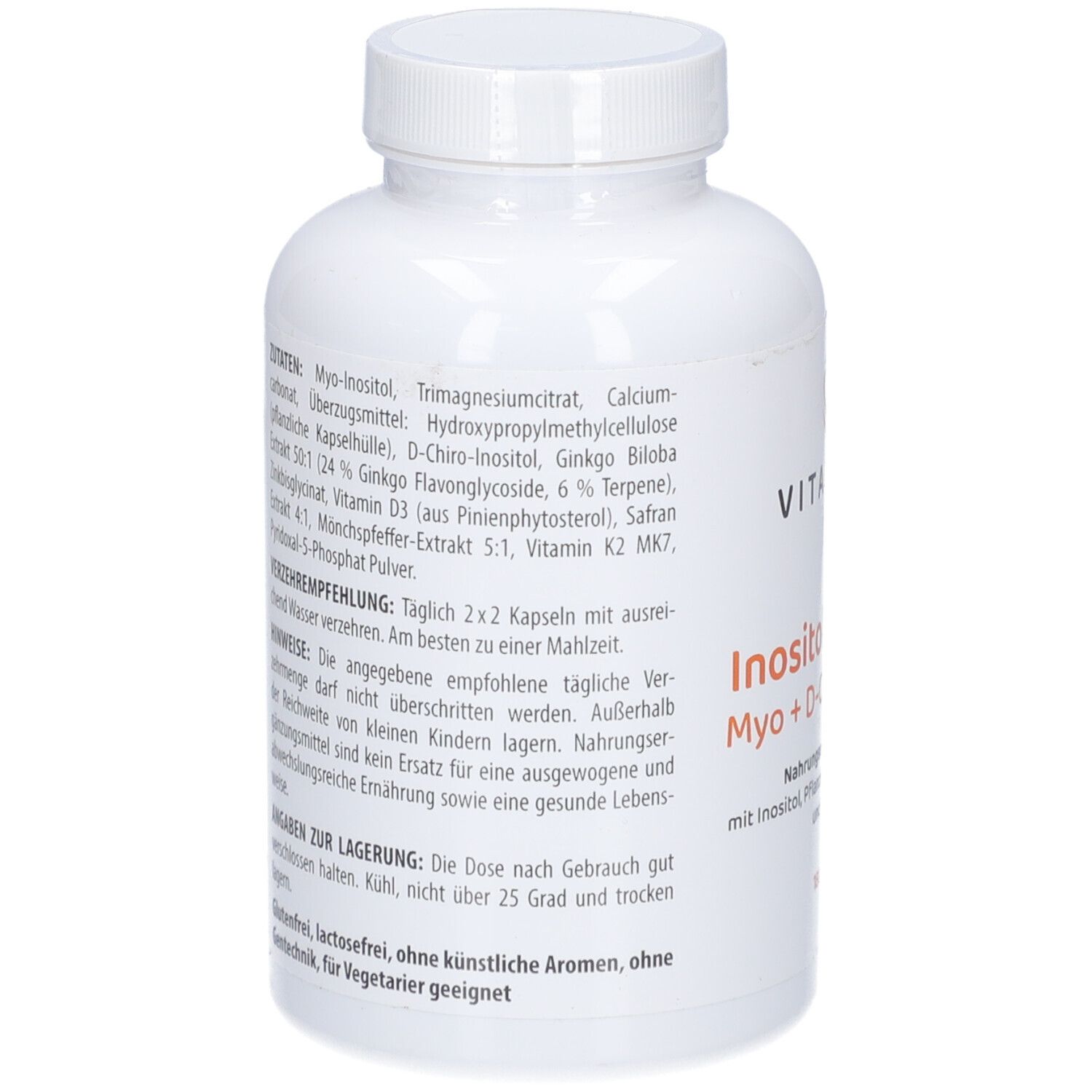 Rückseite der Flasche. Text mit Inhaltsstoffen, Verzehrempfehlung und Lagerhinweisen. Glutenfrei, laktosefrei, ohne künstliche Aromen.