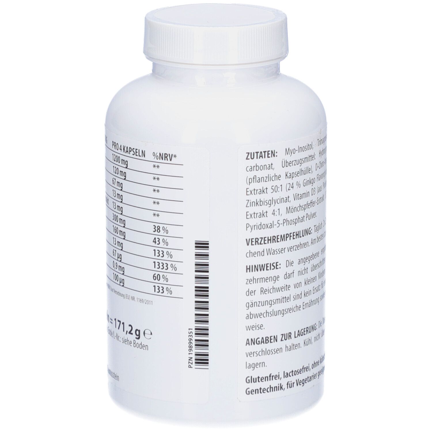 Rückseite der Flasche mit Nährwertangaben. Auflistung der Inhaltsstoffe pro 4 Kapseln. Gewicht: 171,2g. PZN-Code.