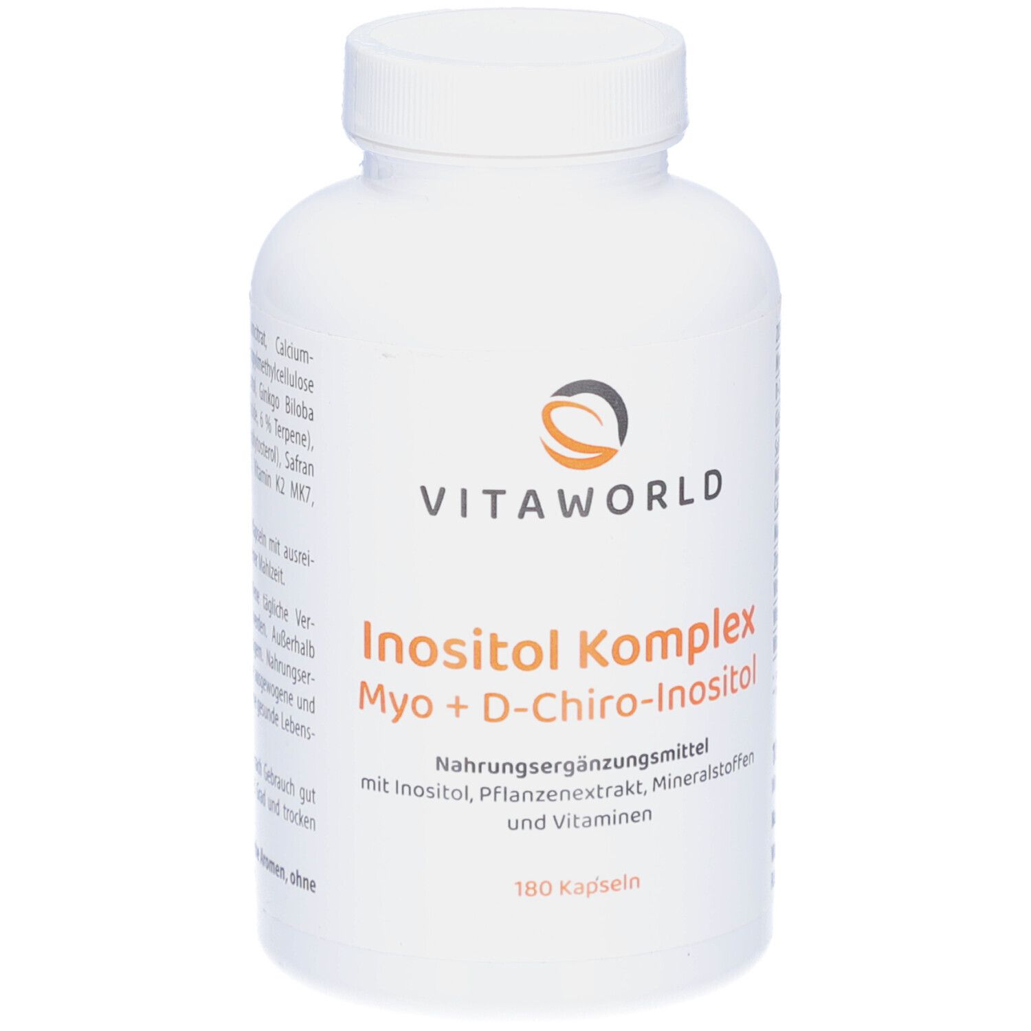 Weiße Flasche mit Schraubverschluss. Aufschrift: VITAWORLD, Inositol Komplex, Myo+D-Chiro-Inositol. 180 Kapseln.