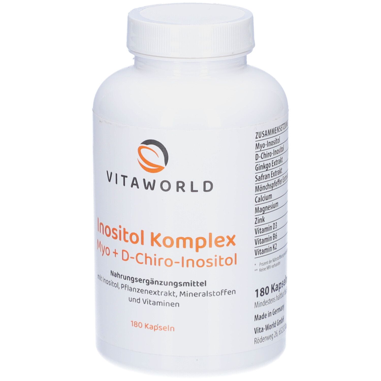 Weiße Flasche mit Schraubverschluss. Aufschrift: VITAWORLD, Inositol Komplex, Myo+D-Chiro-Inositol. 180 Kapseln. Hergestellt in Deutschland.