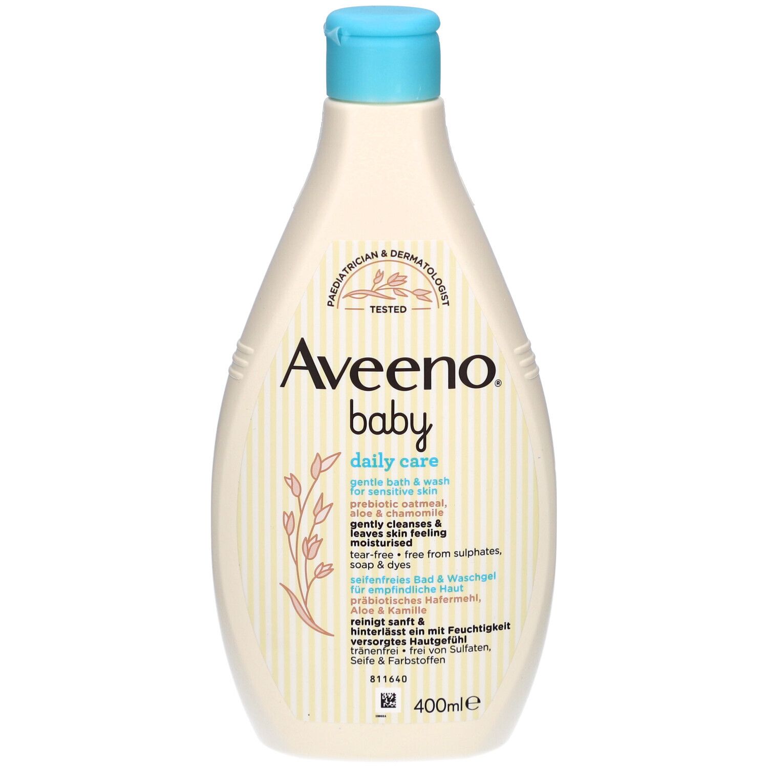 Flasche Aveeno Baby Daily Care. Weiß, mit blauem Deckel. Aufschrift: Aveeno Baby, daily care, sanftes Bad & Duschgel. 400ml.
