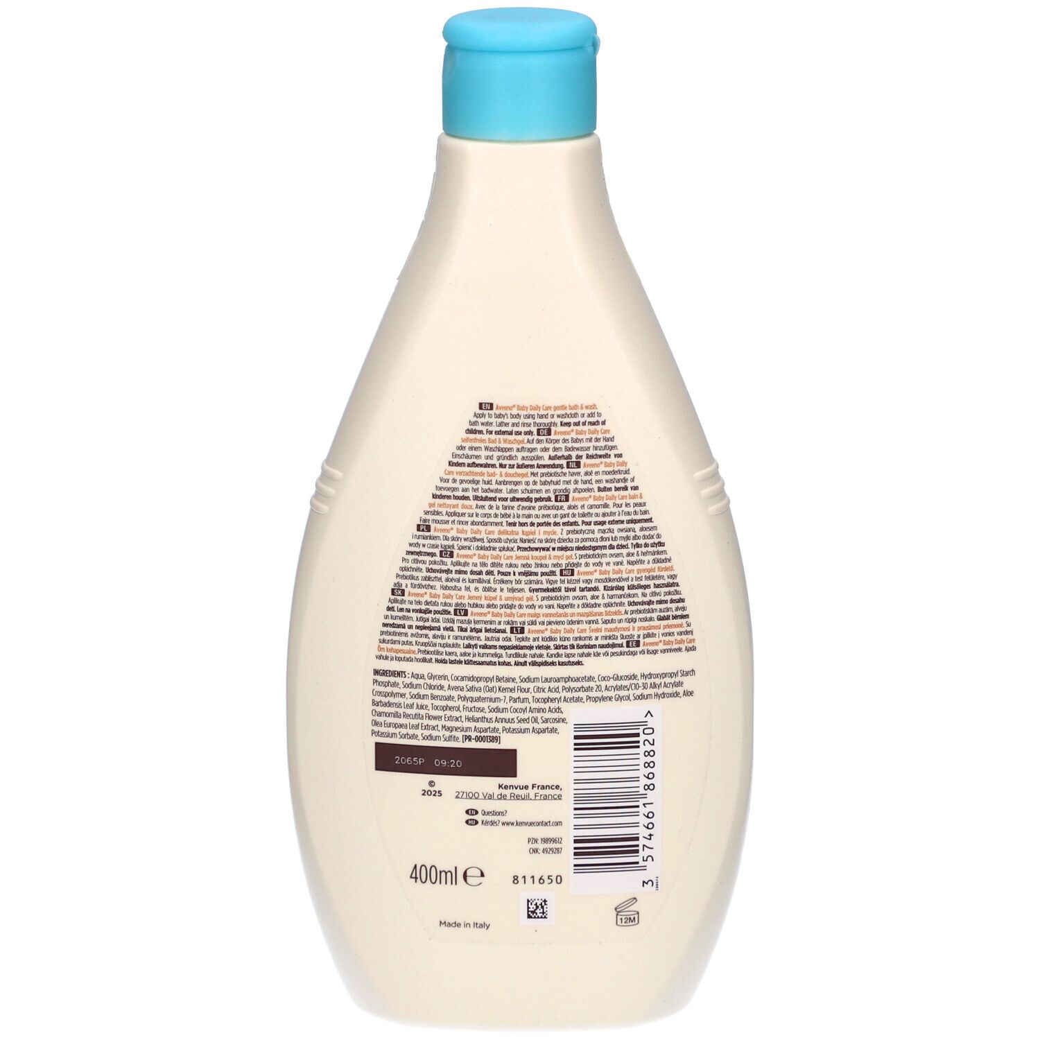 Rückseite der Aveeno Baby Flasche. Text in mehreren Sprachen. 400ml. Barcode und weitere Informationen.
