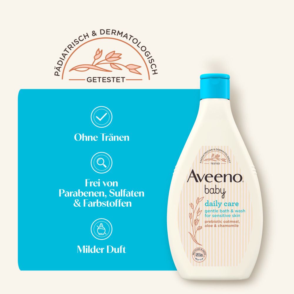 Aveeno Baby Daily Care Waschgel. Flasche mit blauem Deckel. Text: Ohne Tränen, frei von Parabenen, milder Duft.