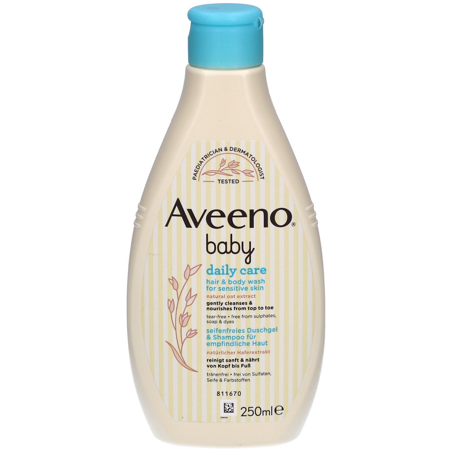 Beige Flasche mit blauem Deckel. Aufschrift: Aveeno Baby daily care. Seifenfreies Duschgel & Shampoo für empfindliche Haut.