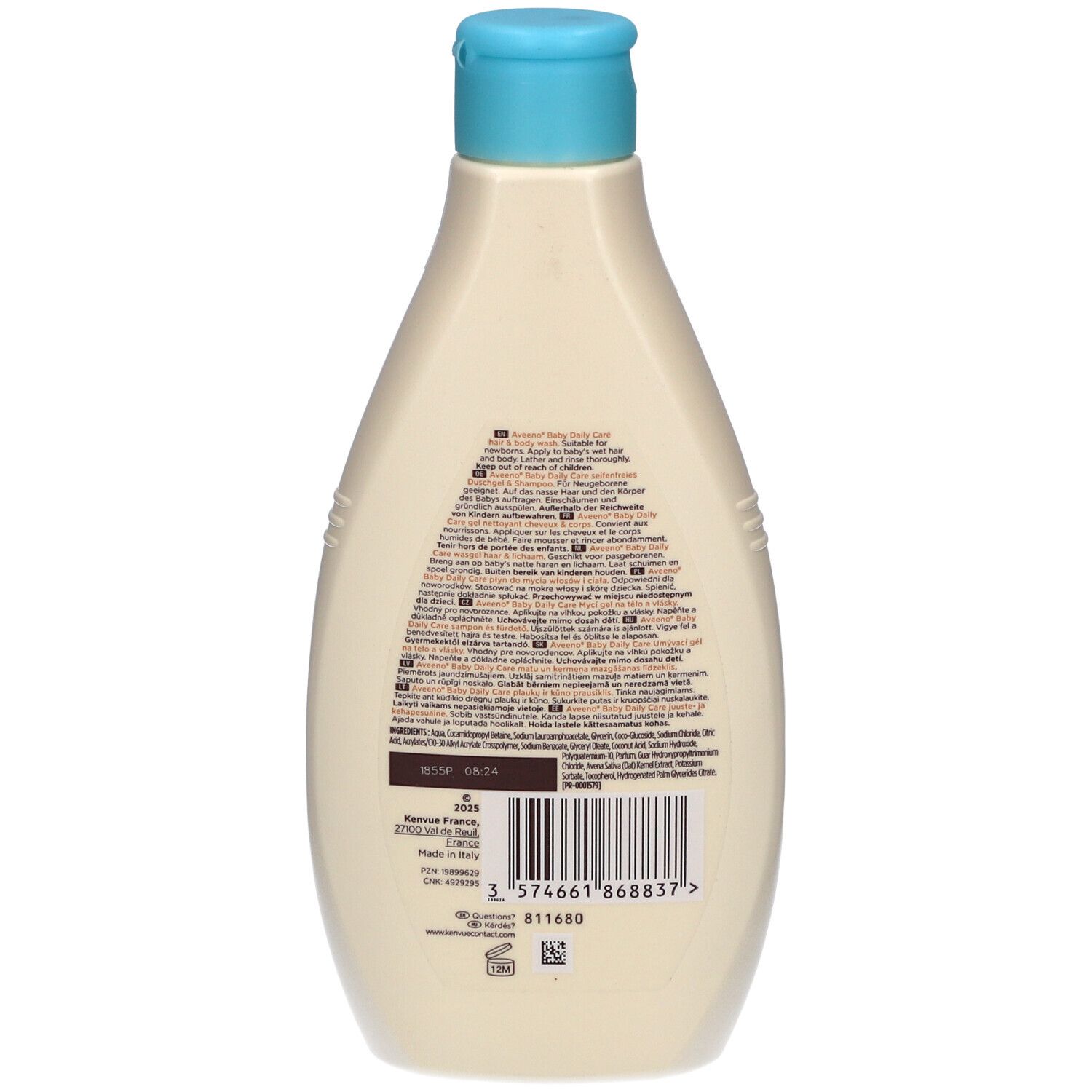 Rückseite einer beige Flasche mit blauem Deckel. Text in mehreren Sprachen. Barcode und Herstellerinformationen.