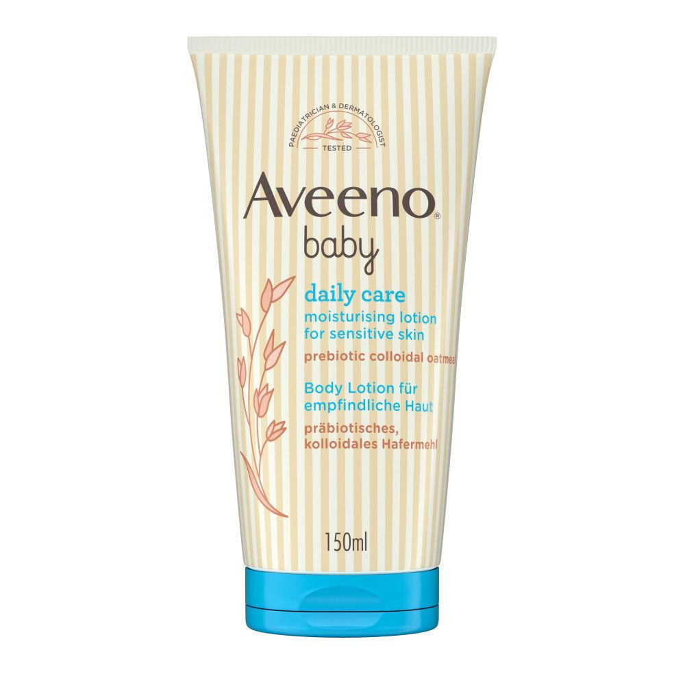 Tube Aveeno Baby Daily Care Body Lotion. Beige-weiß mit blauen Akzenten. Aufschrift: Aveeno Baby, daily care, Body Lotion für empfindliche Haut.