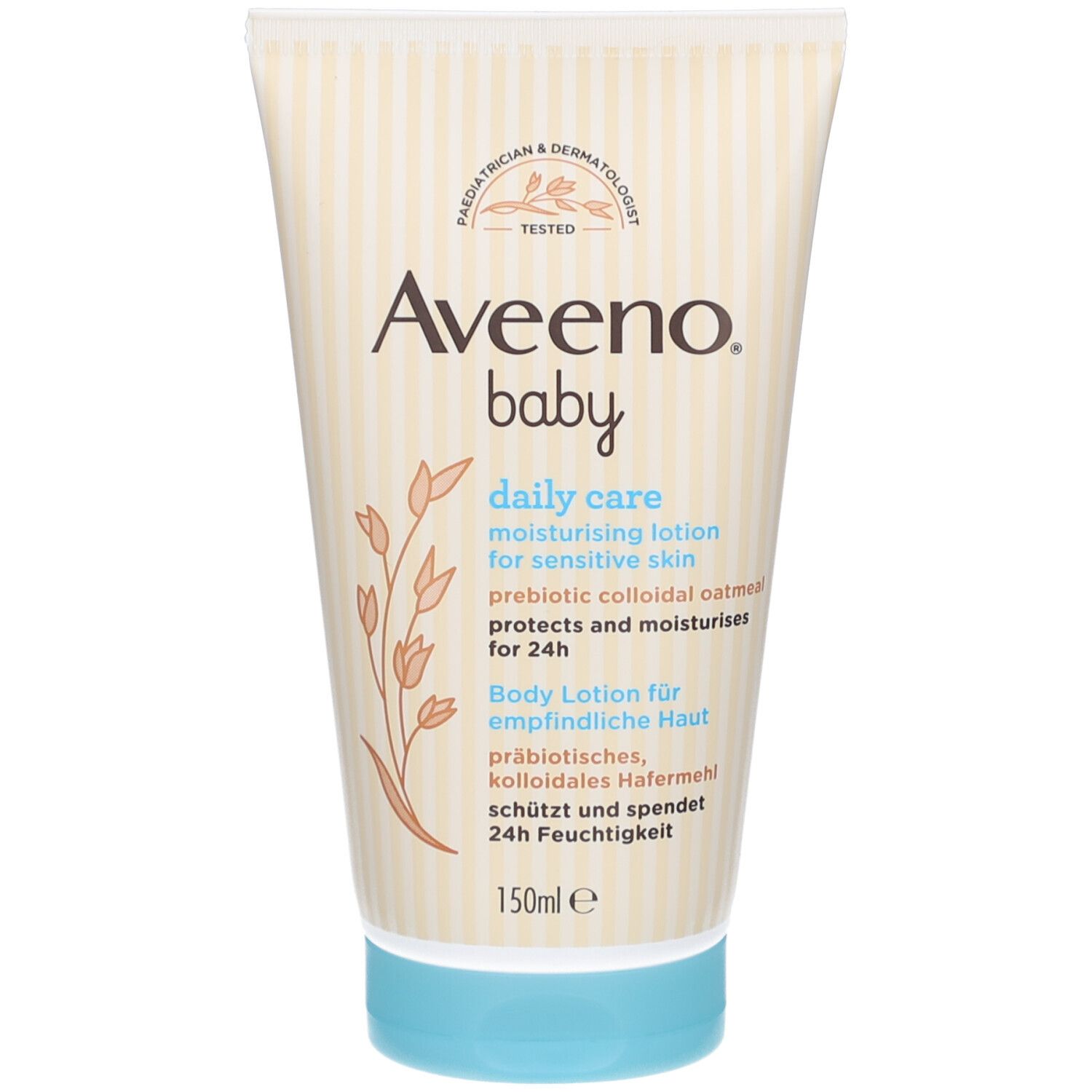 Beige Tube mit AVEENO Baby Logo und Produktbezeichnung. Text: daily care, Feuchtigkeitspflege für empfindliche Haut. 150ml.