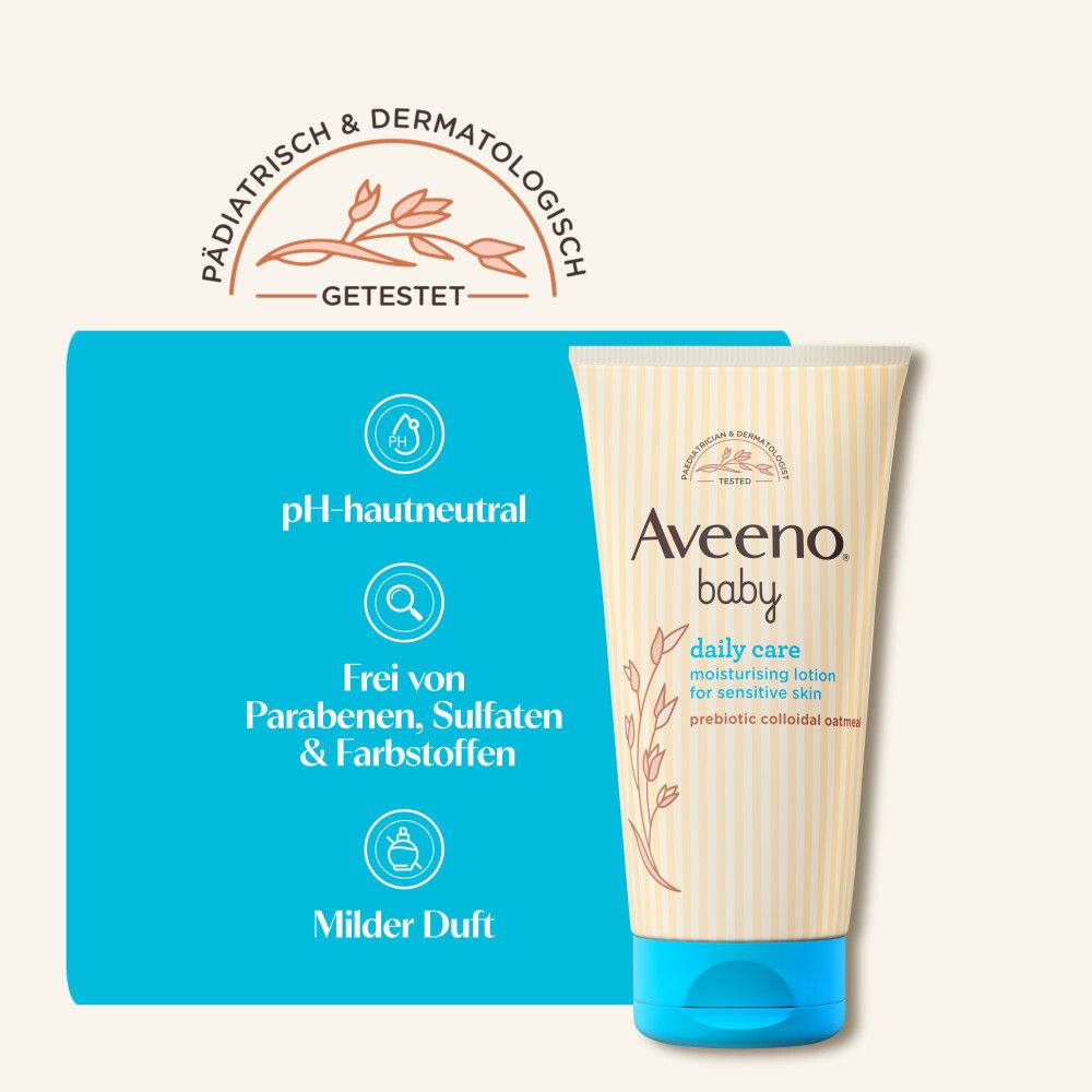 Aveeno Baby Lotion. Text: pH-hautneutral, frei von Parabenen, Sulfaten & Farbstoffen, milder Duft.