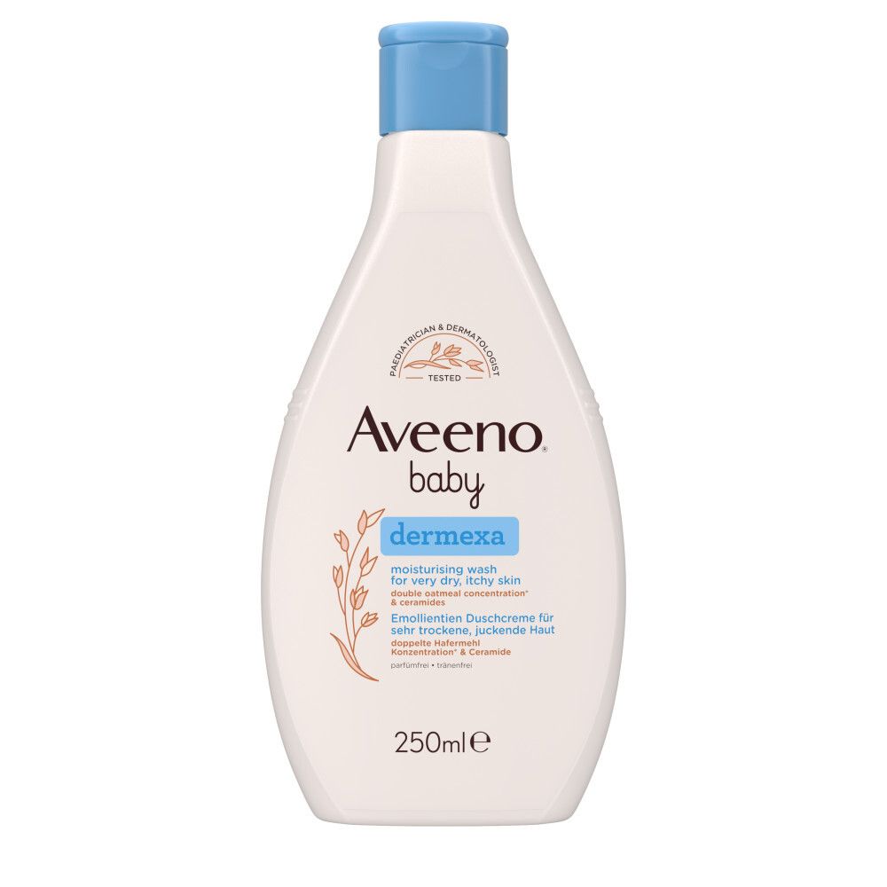 Aveeno Baby Dermexa Duschcreme. Weiße Flasche mit blauem Deckel. Text und Logo.