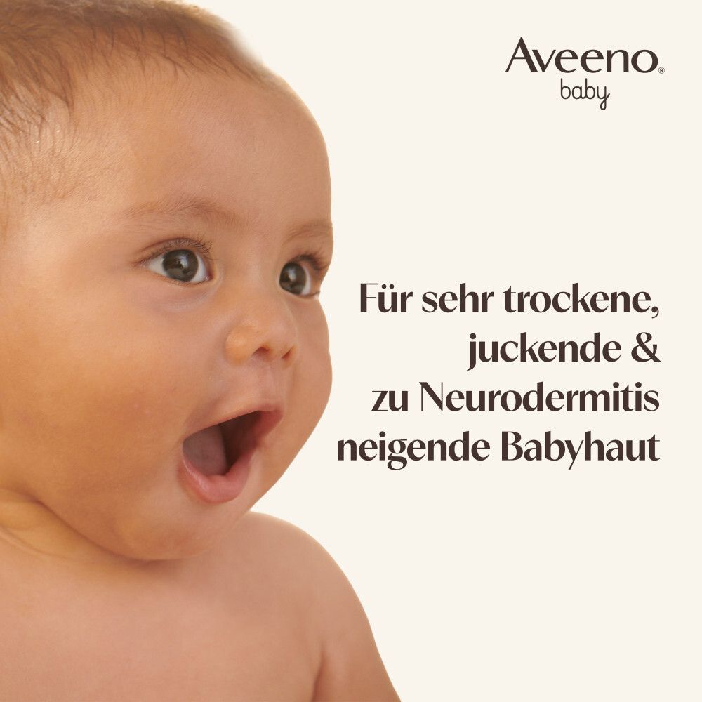 Baby mit offenem Mund. Text: Für sehr trockene, juckende & zu Neurodermitis neigende Babyhaut.