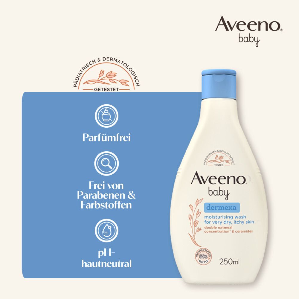 Aveeno Baby Dermexa Duschcreme. Text: Parfümfrei, frei von Parabenen & Farbstoffen, pH-hautneutral.