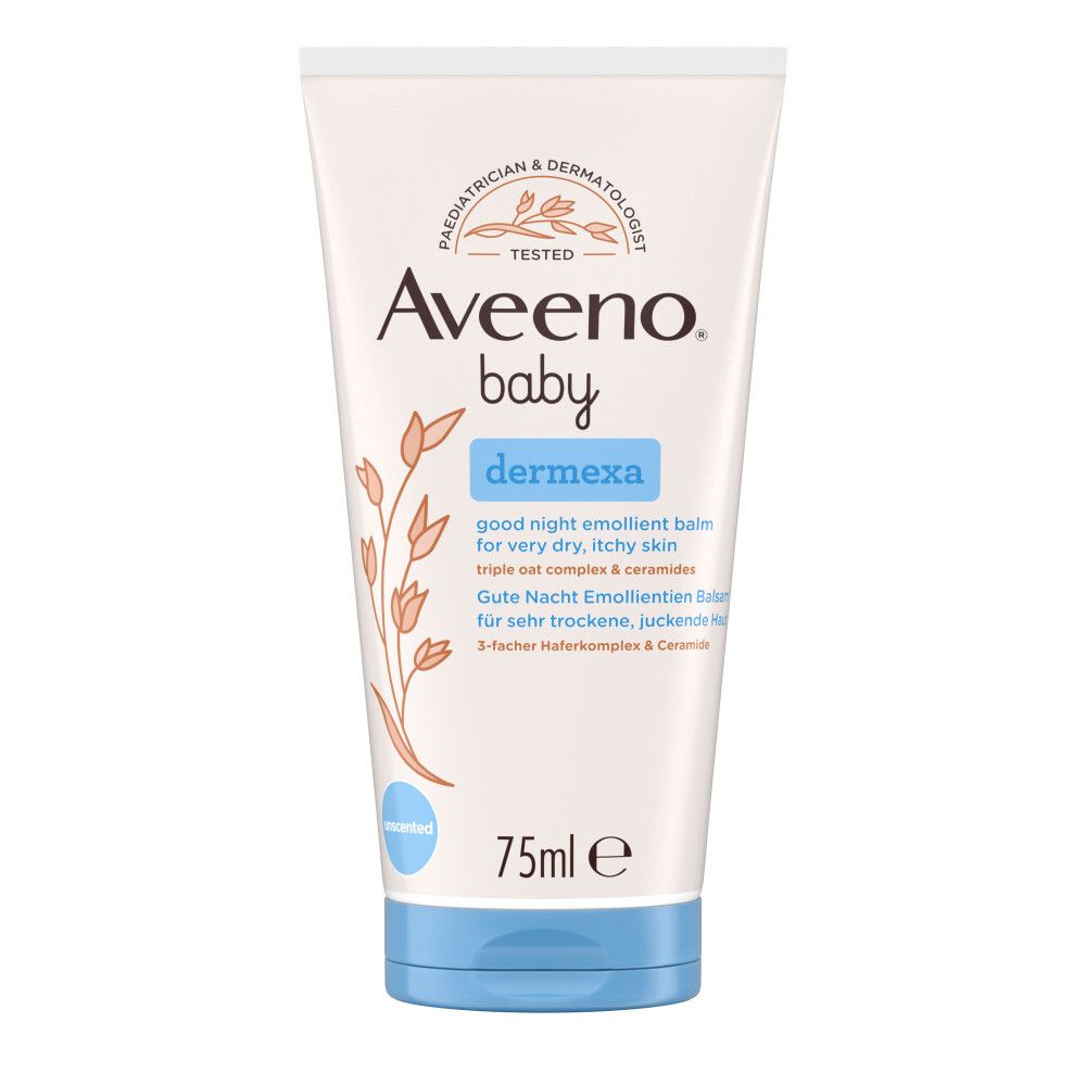 Aveeno Baby Dermexa Balsam. Tube mit blauem Deckel. Enthält 75ml. Für sehr trockene, juckende Haut.