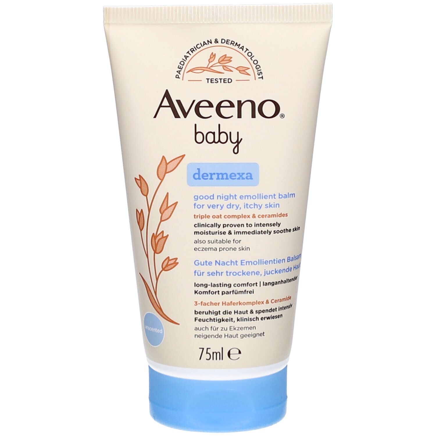 Creme-Tube mit Produktnamen und -bezeichnung. Blaue Kappe. Aufschrift: Aveeno Baby Dermexa Gute Nacht Emollient Balsam.