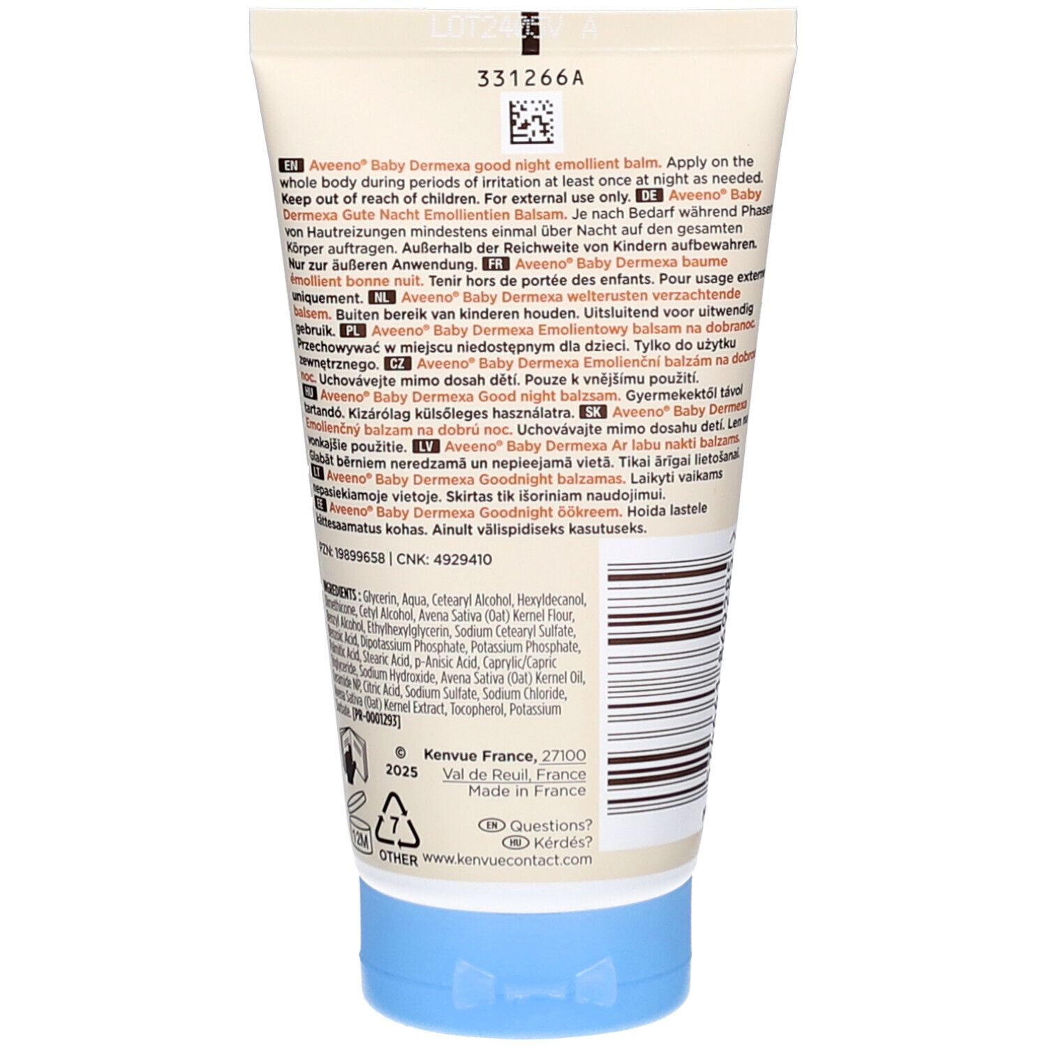 Rückseite der Creme-Tube. Text in mehreren Sprachen. Barcode und Herstellerinformationen.