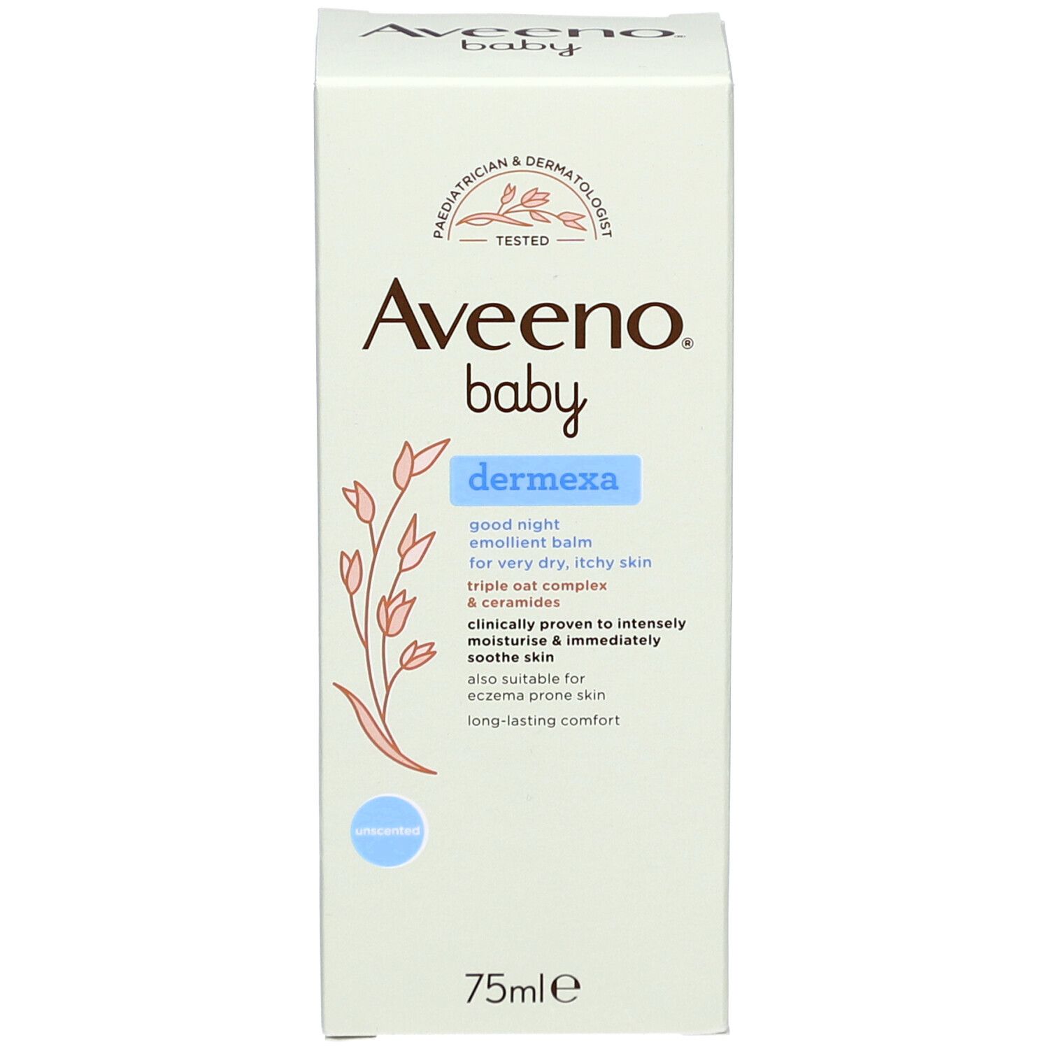 Produktkarton. Aufschrift: Aveeno Baby Dermexa. 75ml. Produktbeschreibung in Englisch.