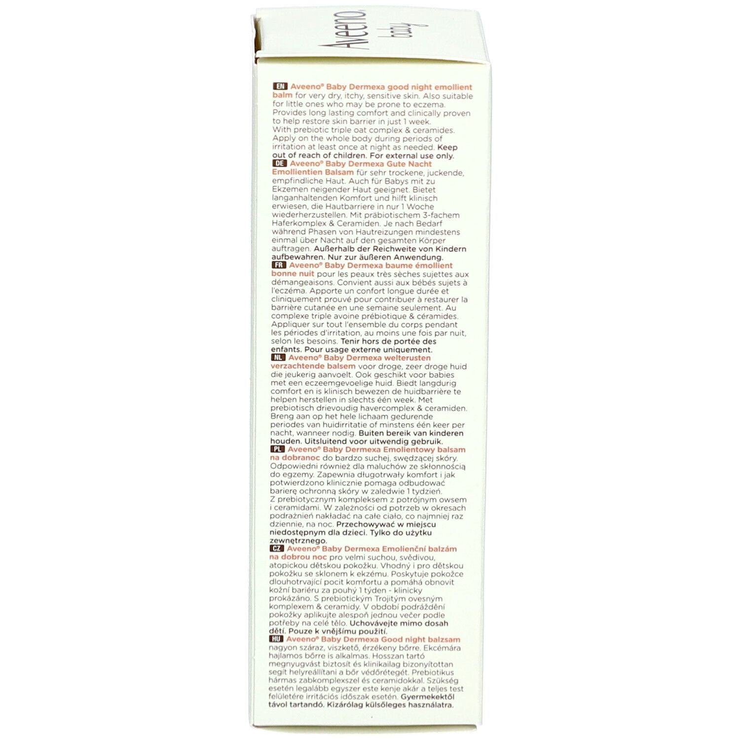 Seite der Produktverpackung. Produktbeschreibung in mehreren Sprachen.