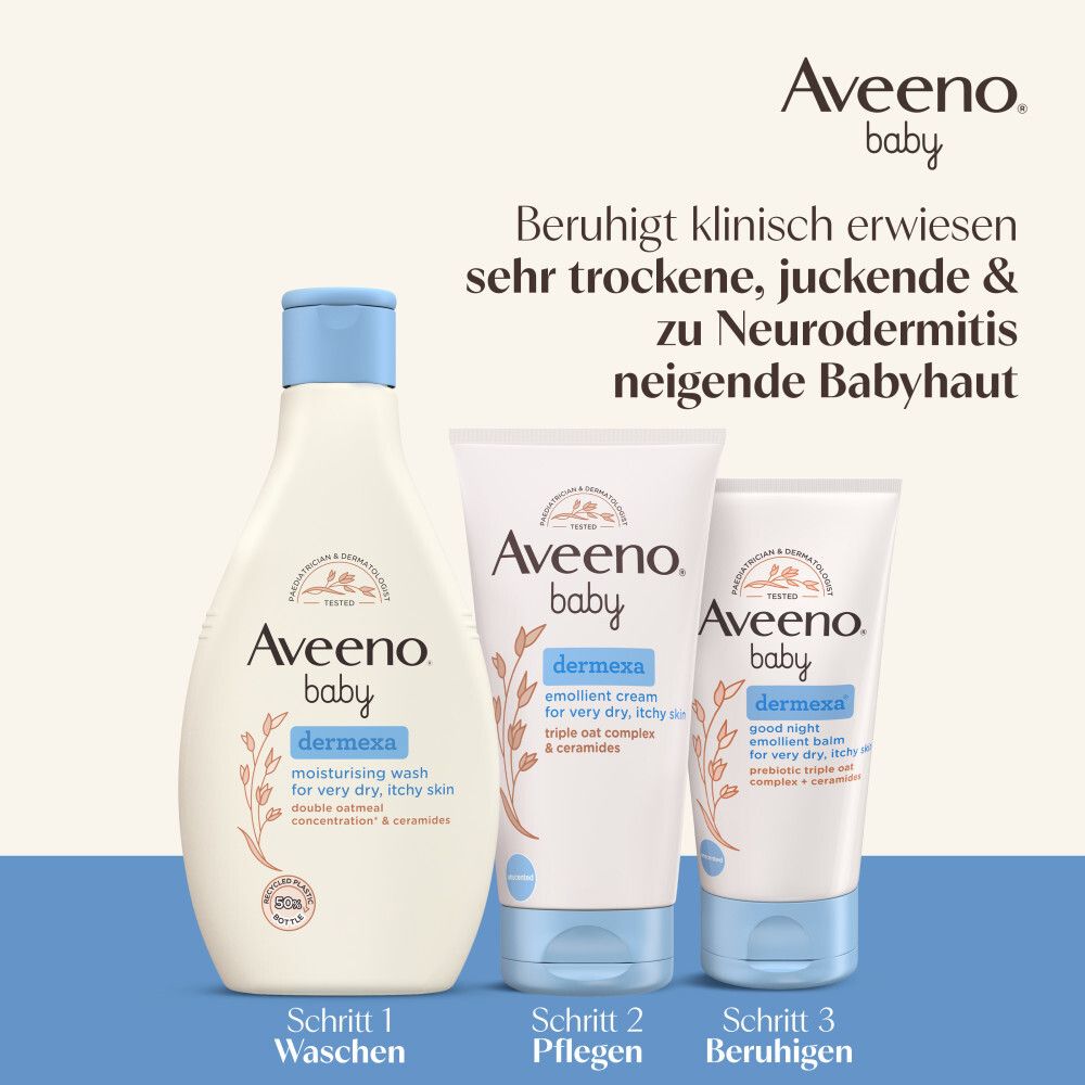 Drei Aveeno Baby Dermexa Produkte. Text: Schritt 1 Waschen, Schritt 2 Pflegen, Schritt 3 Beruhigen.