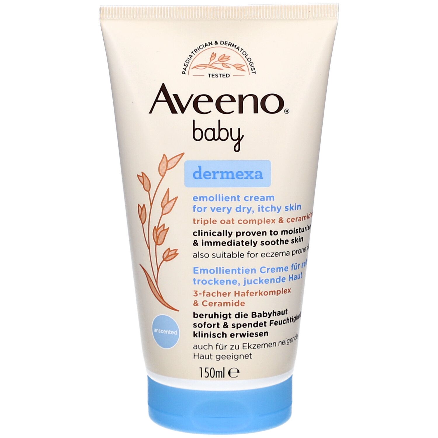 Creme-Tube mit blauer Kappe. Aufschrift: Aveeno Baby Dermexa, Emollient Cream. Für sehr trockene, juckende Haut. 150ml.