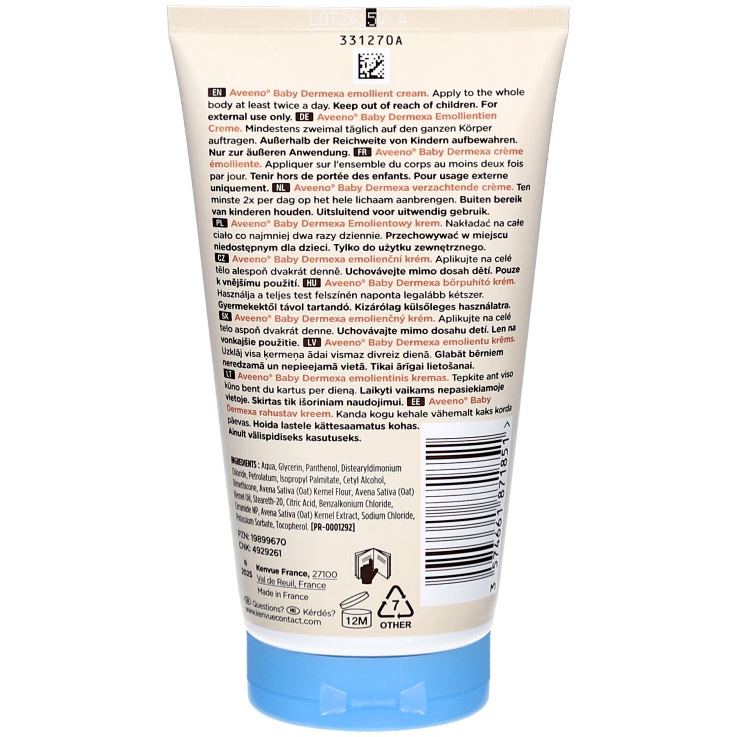 Rückseite der Creme-Tube. Text in mehreren Sprachen. Inhaltsstoffe und Anwendungshinweise. Blauer Deckel.
