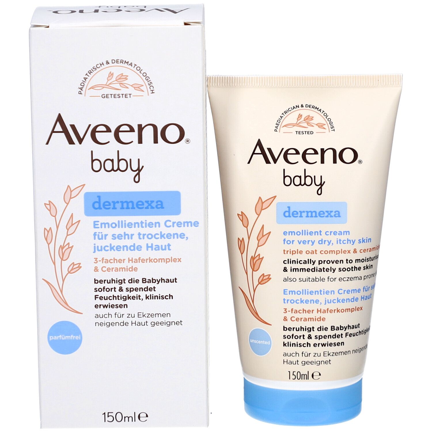 Creme-Tube und Schachtel. Aufschrift: Aveeno Baby Dermexa, Emollient Creme. Für sehr trockene, juckende Haut. 150ml.