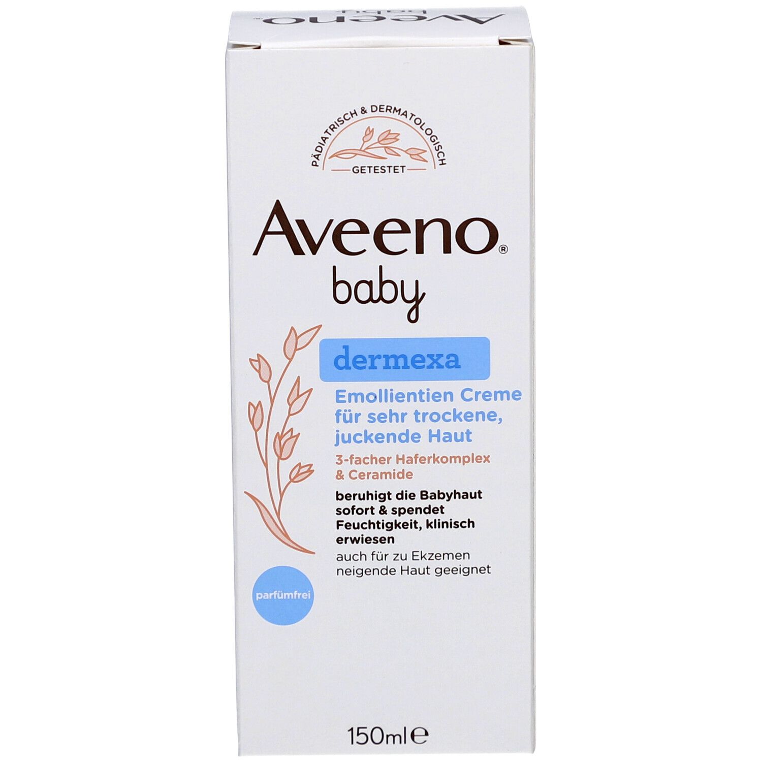 Weiße Schachtel mit Aufschrift: Aveeno Baby Dermexa, Emollient Creme. Für sehr trockene, juckende Haut. 150ml.