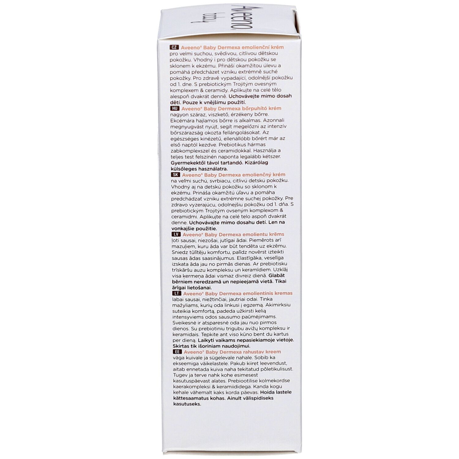 Seite der Schachtel. Text in mehreren Sprachen. Anwendungshinweise und Inhaltsstoffe.