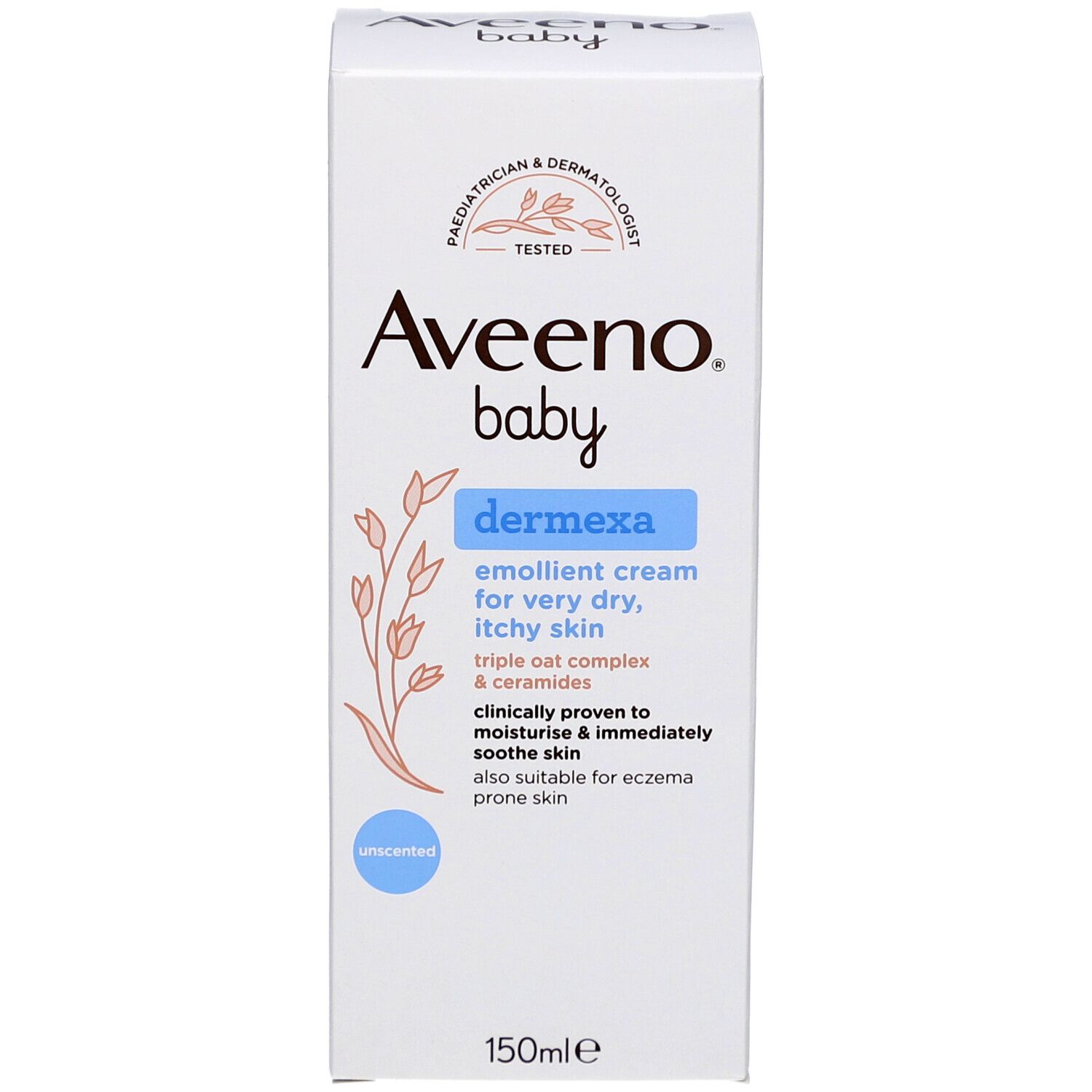 Weiße Schachtel mit Aufschrift: Aveeno Baby Dermexa, Emollient Cream. Für sehr trockene, juckende Haut. 150ml.