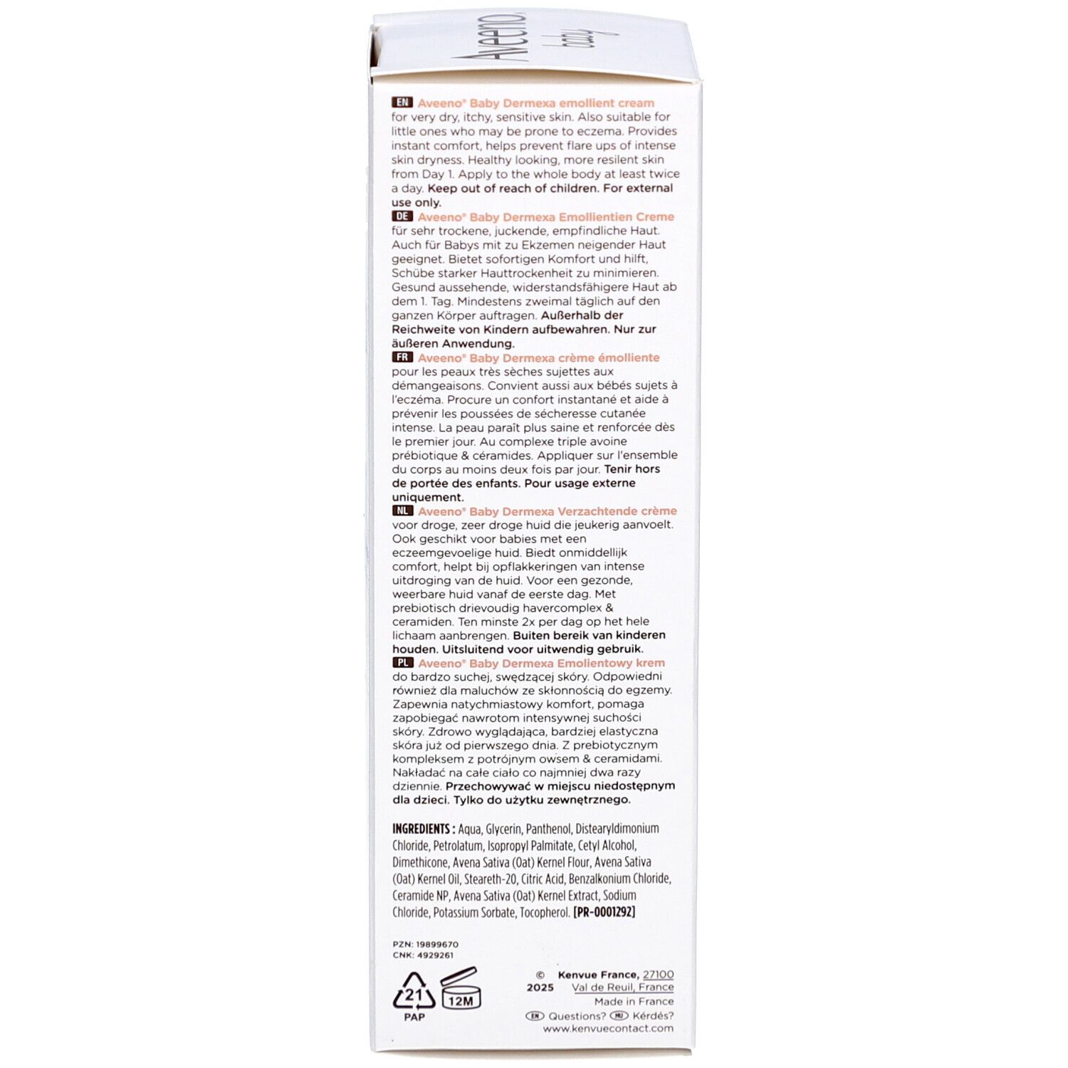 Seite der Schachtel. Text in mehreren Sprachen. Anwendungshinweise und Inhaltsstoffe.
