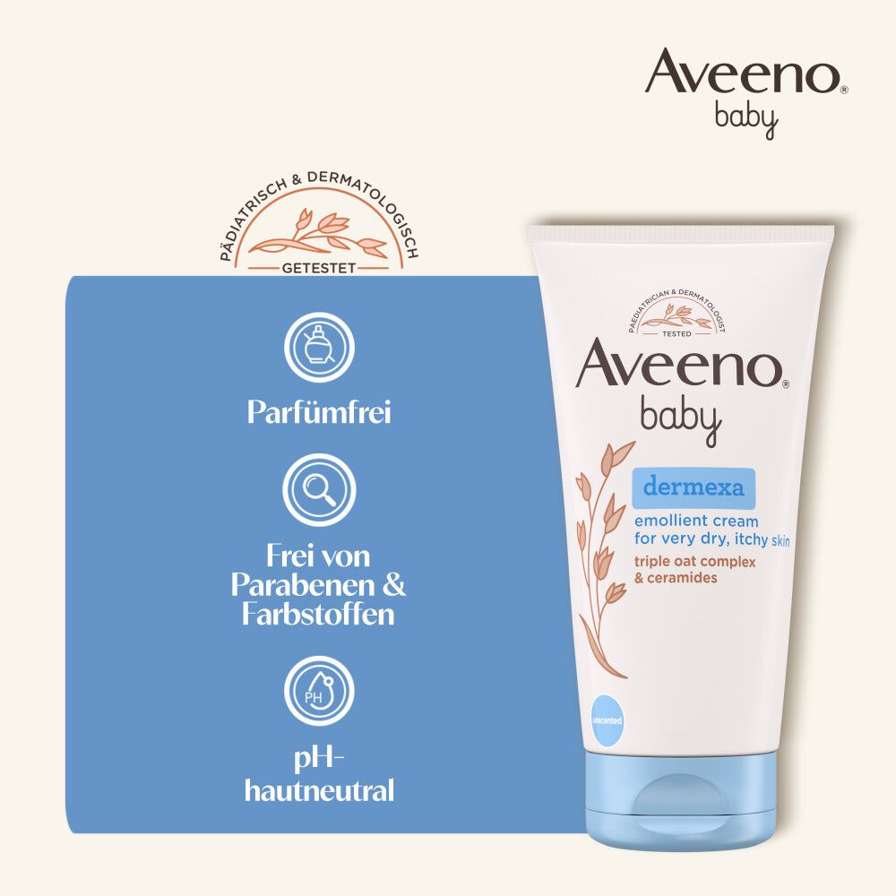 Aveeno Baby Dermexa Creme Tube. Text: Parfumfrei, frei von Parabenen & Farbstoffen, pH-hautneutral. Dermatologisch getestet.