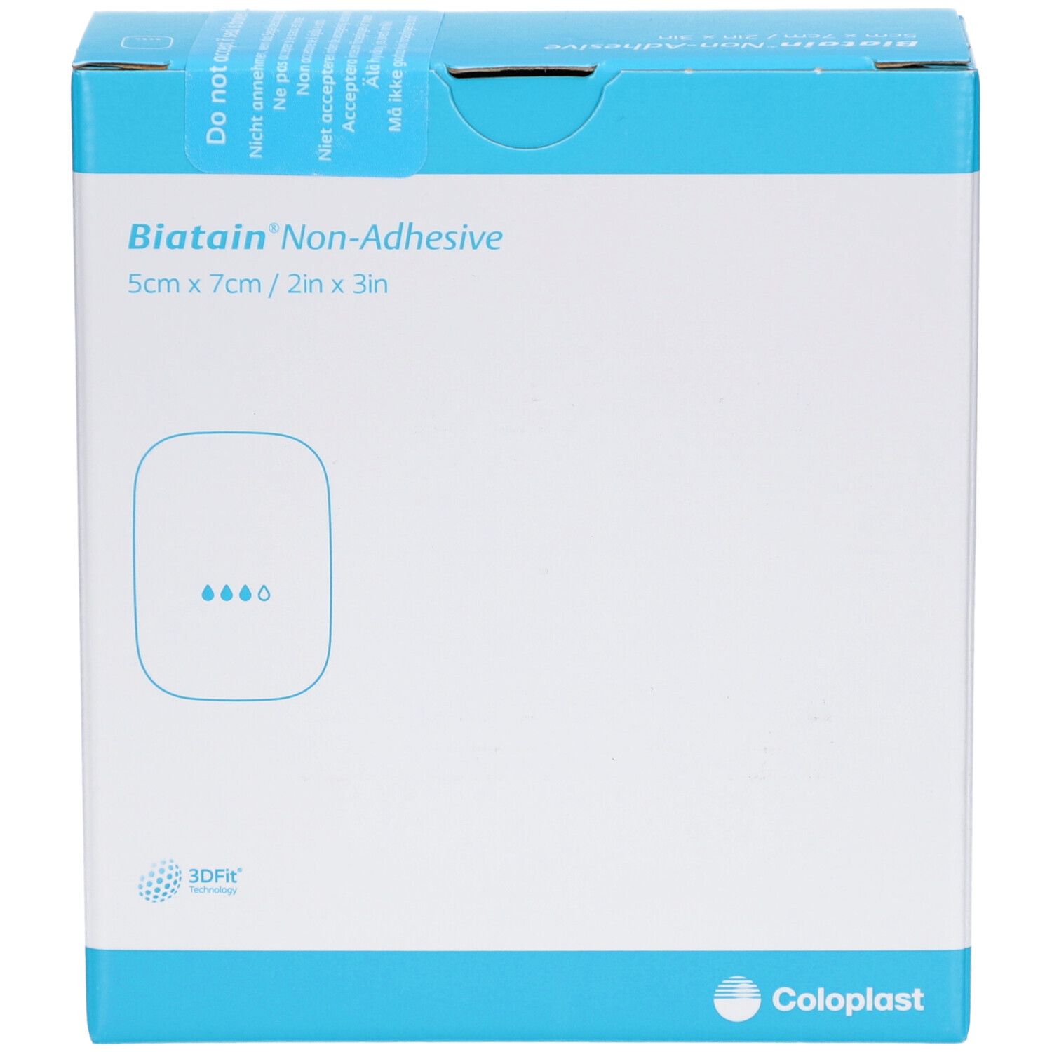 Karton BIATAIN Non-Adhesive, 5x7 cm. Weiß-blauer Karton mit Produktlogo und Größenangabe. Coloplast Logo.